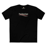 Pawlenciaga Designer Carry-On Cat Graphic Black T Shirt, flat lay front view, cat themed shirts, shirts for cat lovers