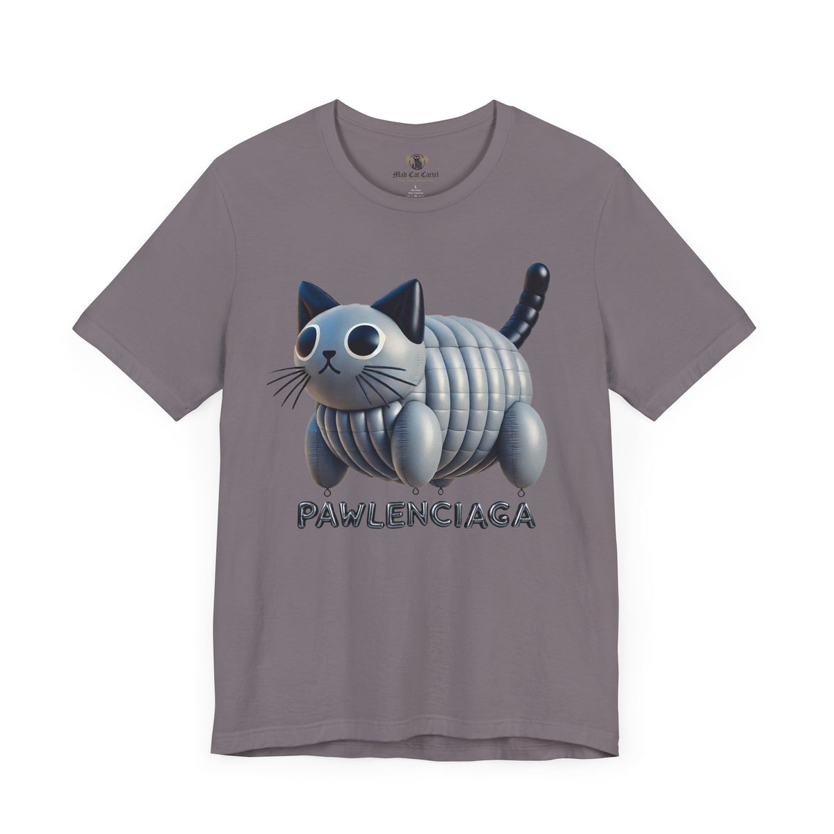 Pawlenciaga Cat Balloon funny t shirt for men — grey designer parody, lightweight Airlume combed ring-spun cotton