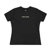 Mew Mew Chest Logo Back Cat Graphic Women's T-Shirt, cat graphic shirt for women front view black