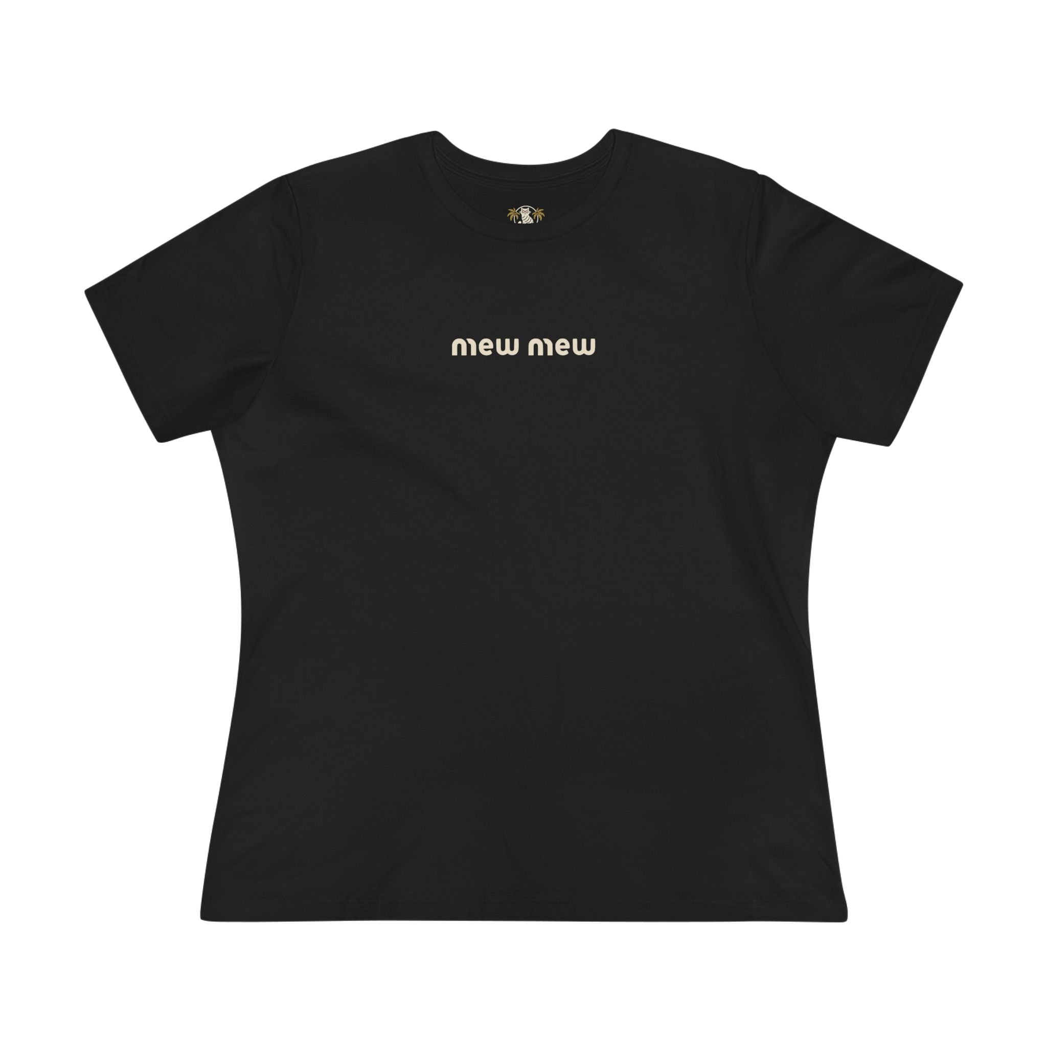 Mew Mew Chest Logo Back Cat Graphic Women's T-Shirt, cat graphic shirt for women front view black
