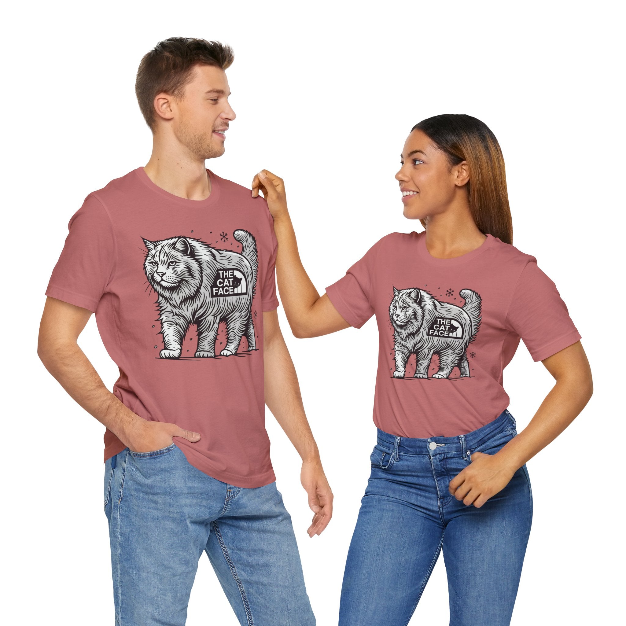 Couple styling mauve Snow Explorer graphic shirts – ladies cat t shirt and mens cat shirt