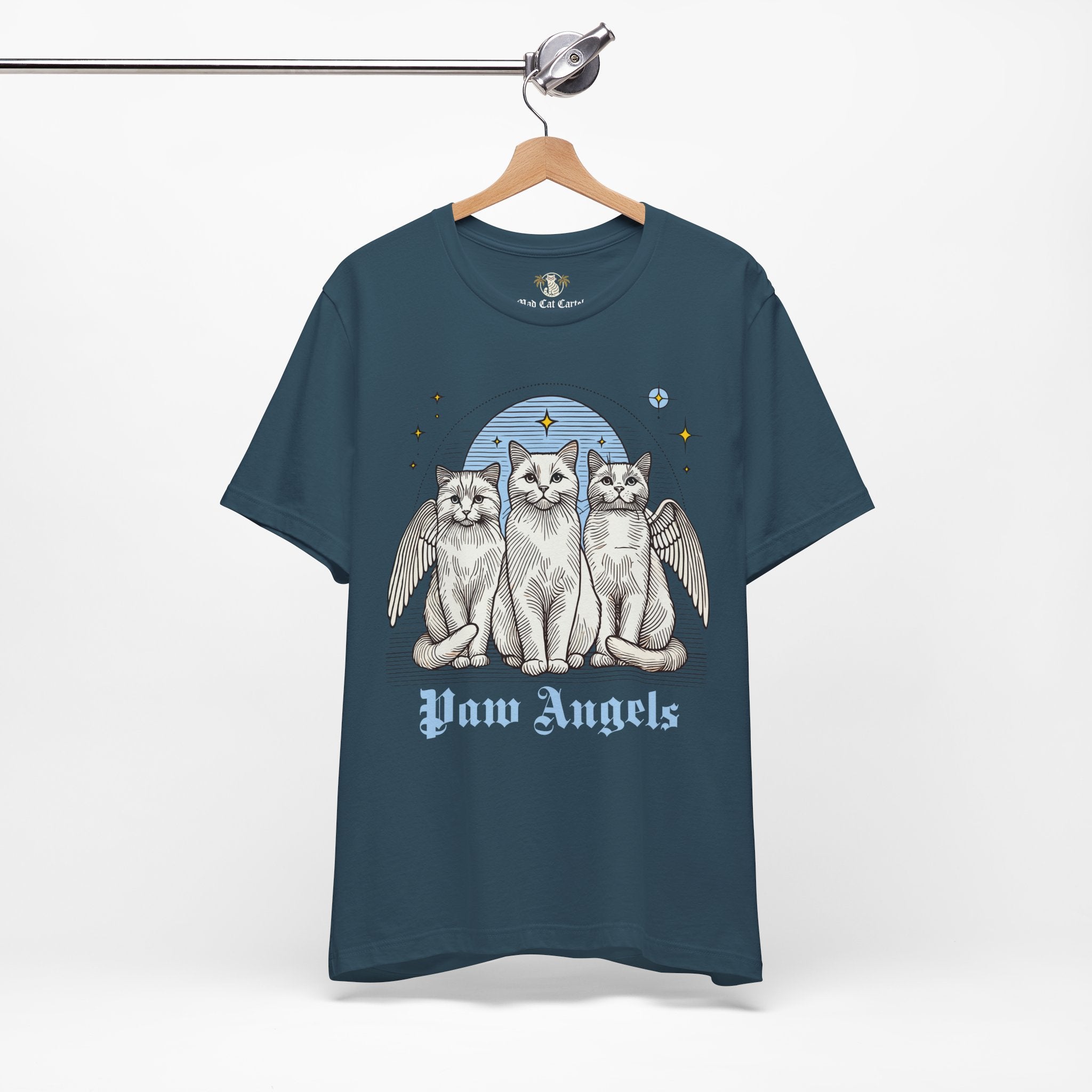 Deep Teal Holy Trinity t shirt on hanger – cat graphic tees