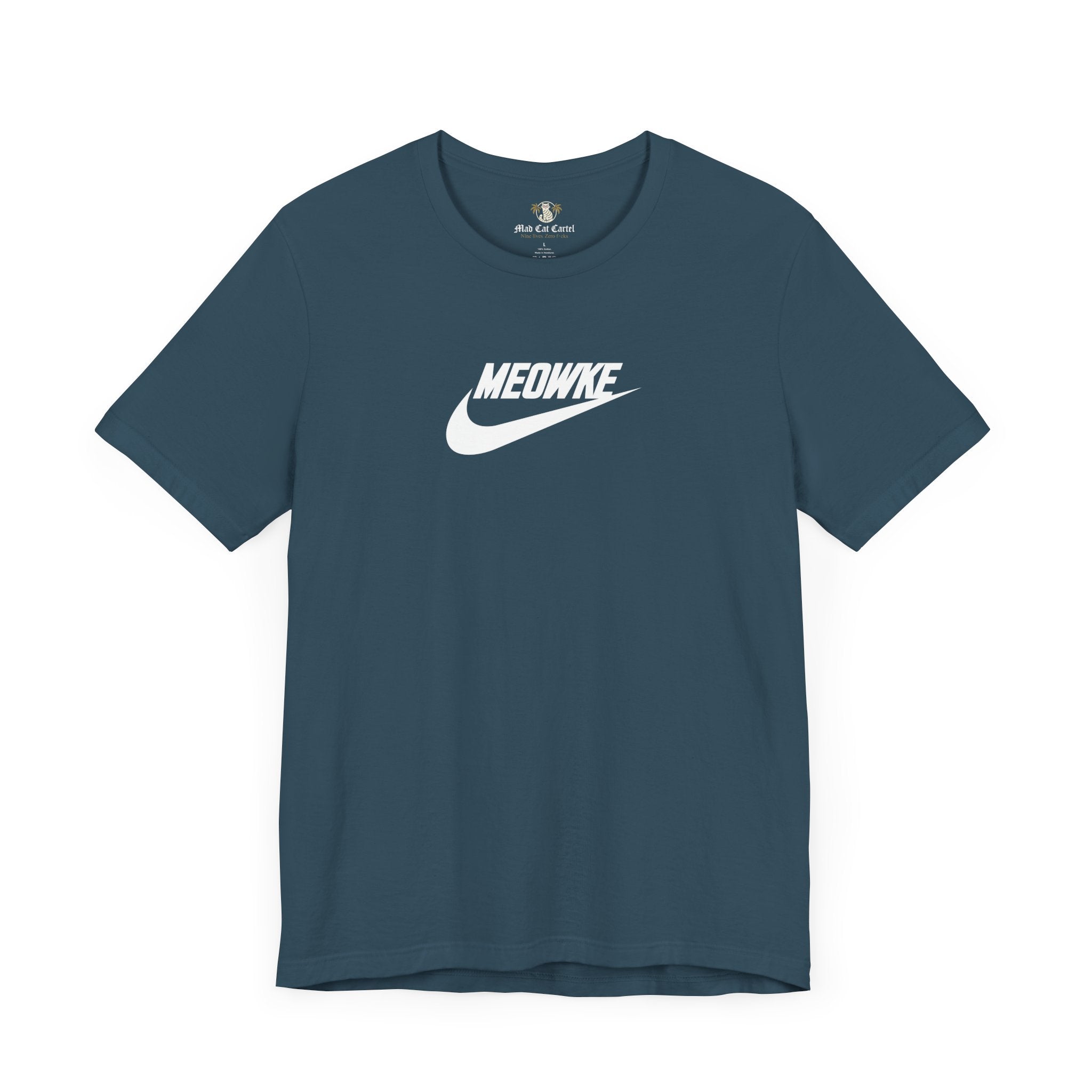 Funny t shirts for men – deep teal unisex tee, front view, white Meowke chest logo