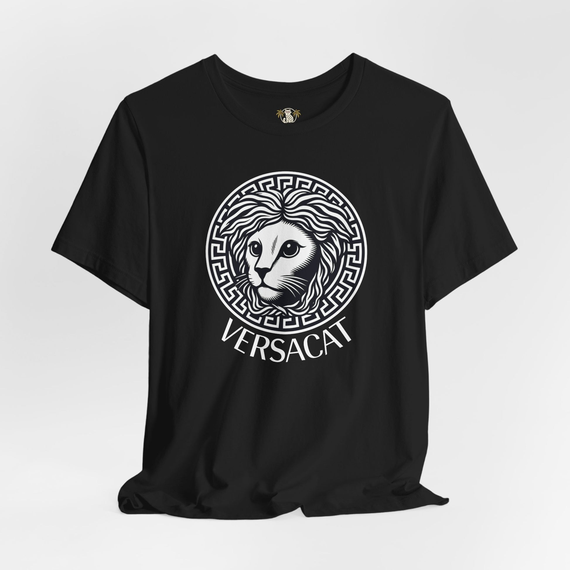 Black Versacat Medusa cat emblem graphic t-shirt – front design