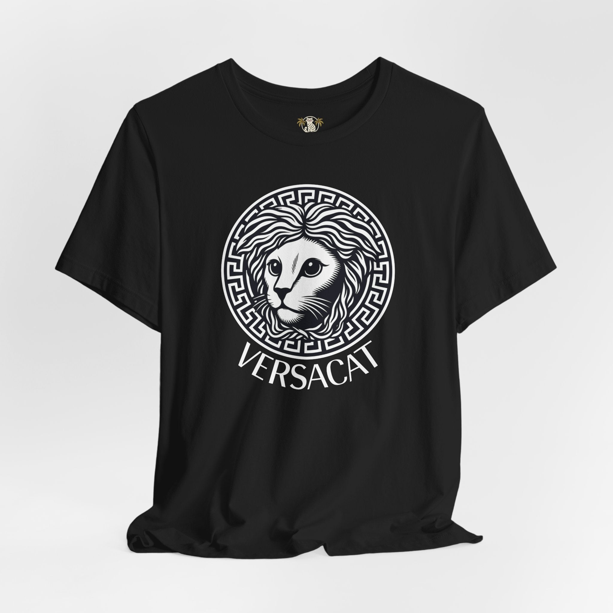 Black Versacat Medusa cat emblem graphic t-shirt – front design