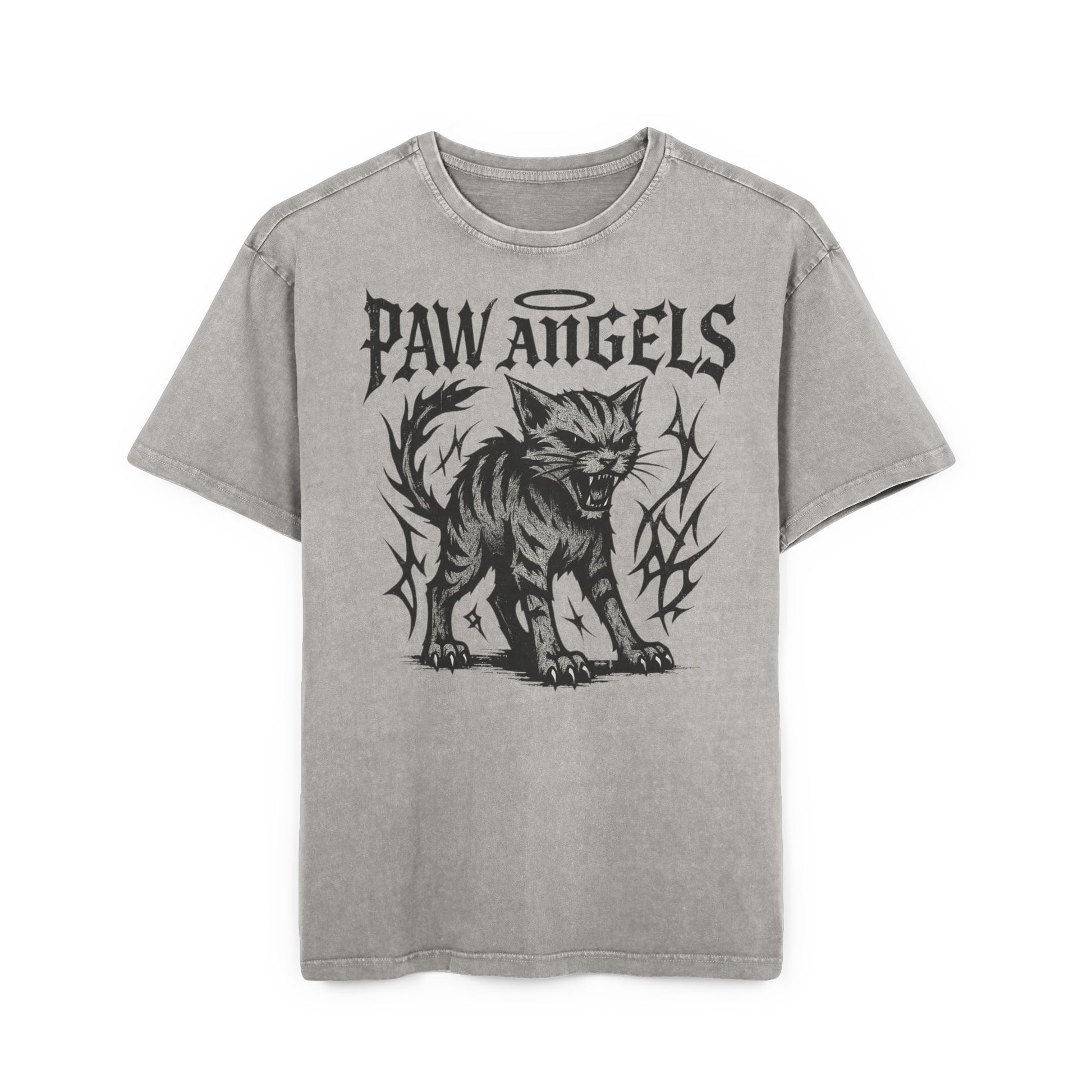 Front view of Paw Angels Hellcat acid washed asphalt gray men's oversized cat t-shirt – shirts for cat lovers