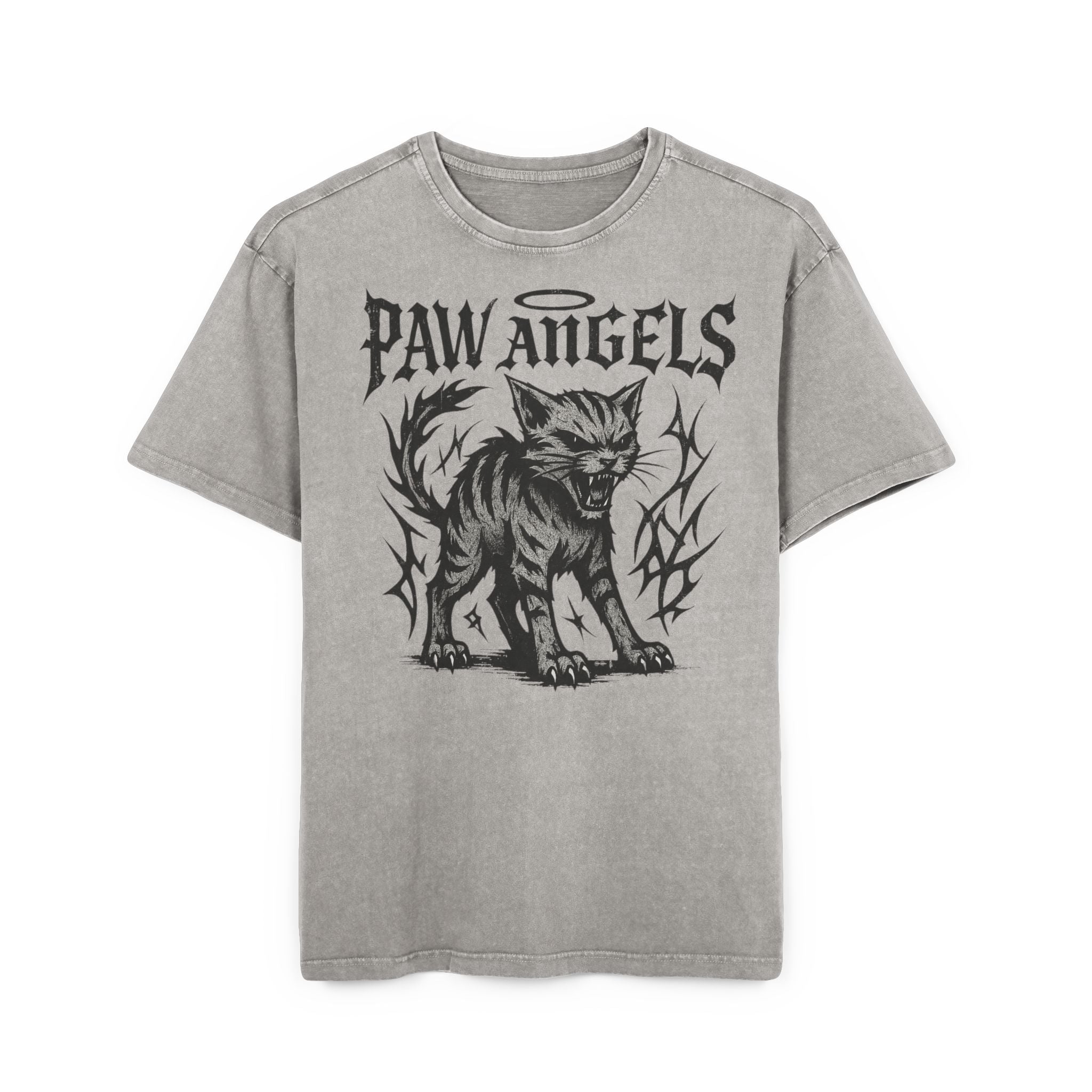 Front view of Paw Angels Hellcat acid washed asphalt gray men's oversized cat t-shirt – shirts for cat lovers