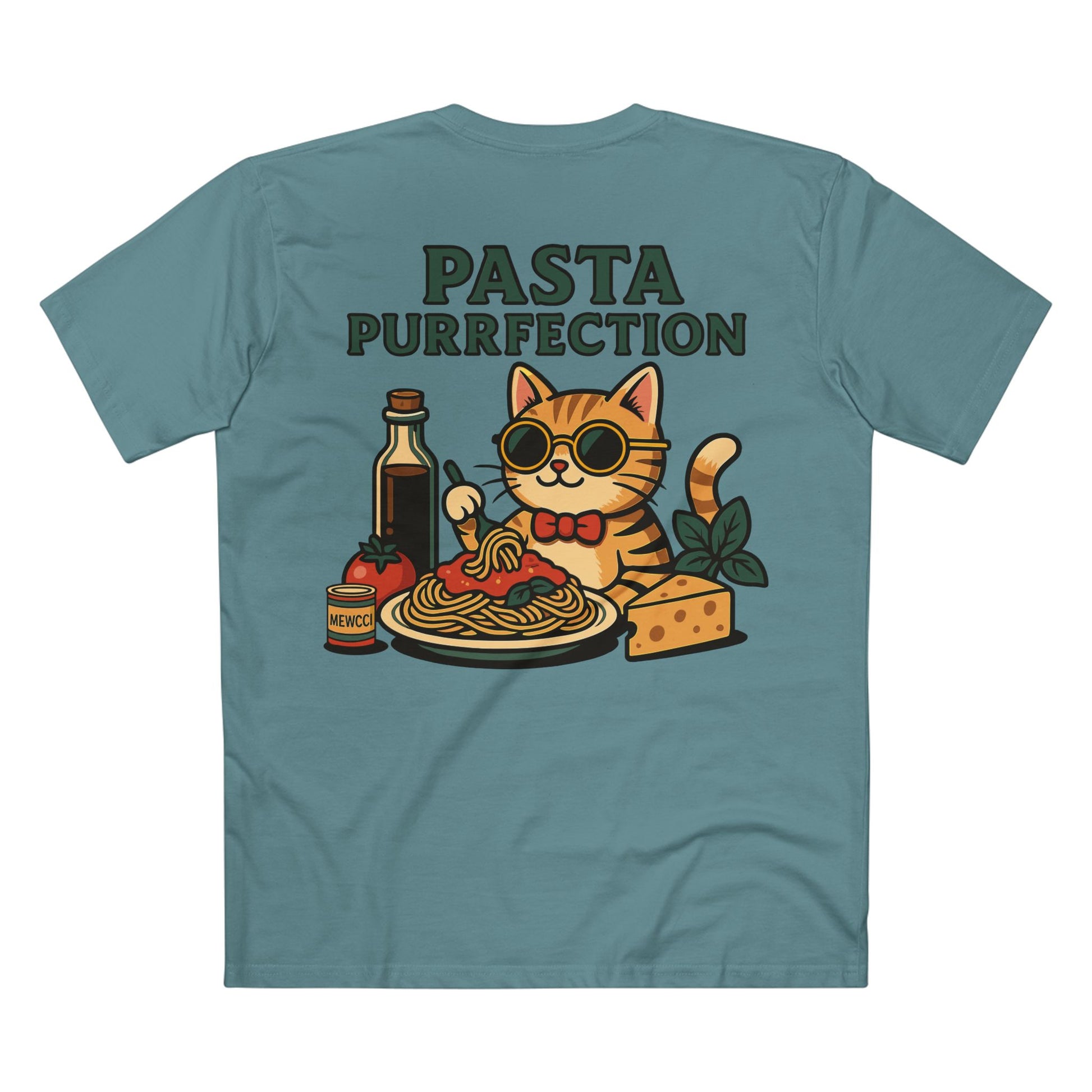 Back design of Mewcci Pasta Chef Cat Graphic T Shirt in Slate Blue – Pasta Purrfection