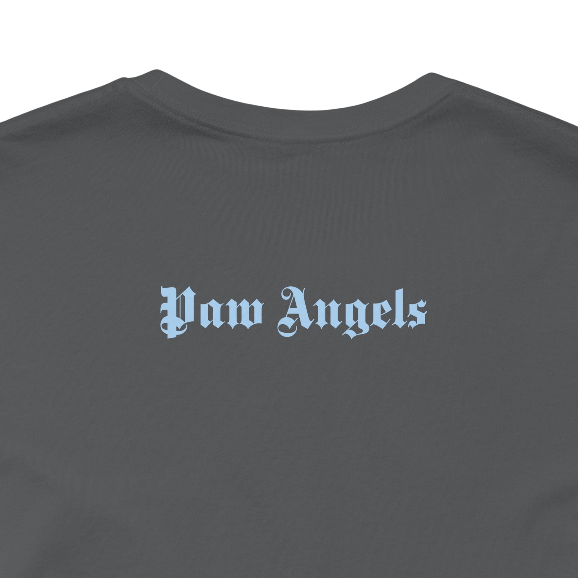 Asphalt gray back print t shirt – Paw Angels script, cat shirts men
