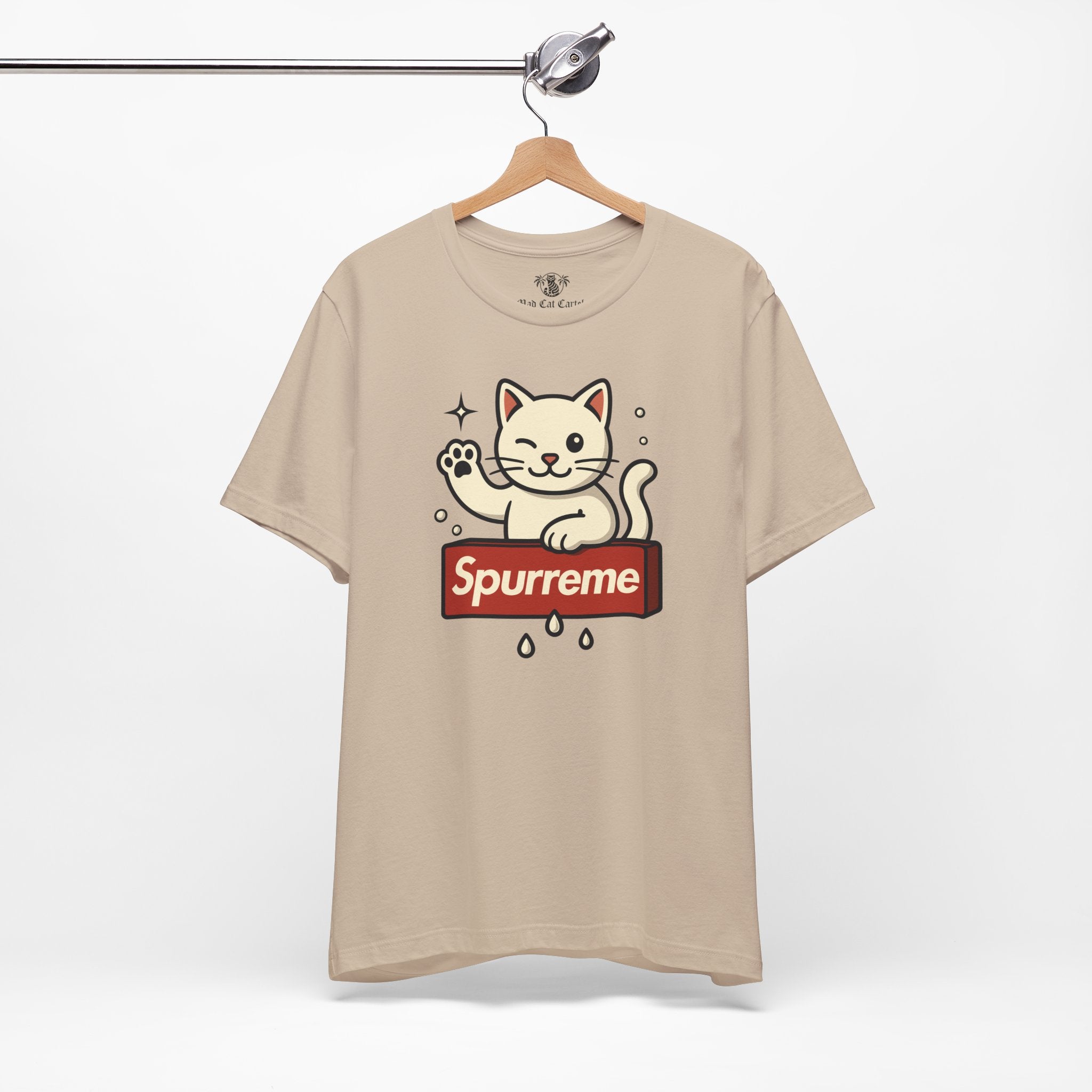 Beige t shirt hanging on wooden hanger ladies cat t shirt