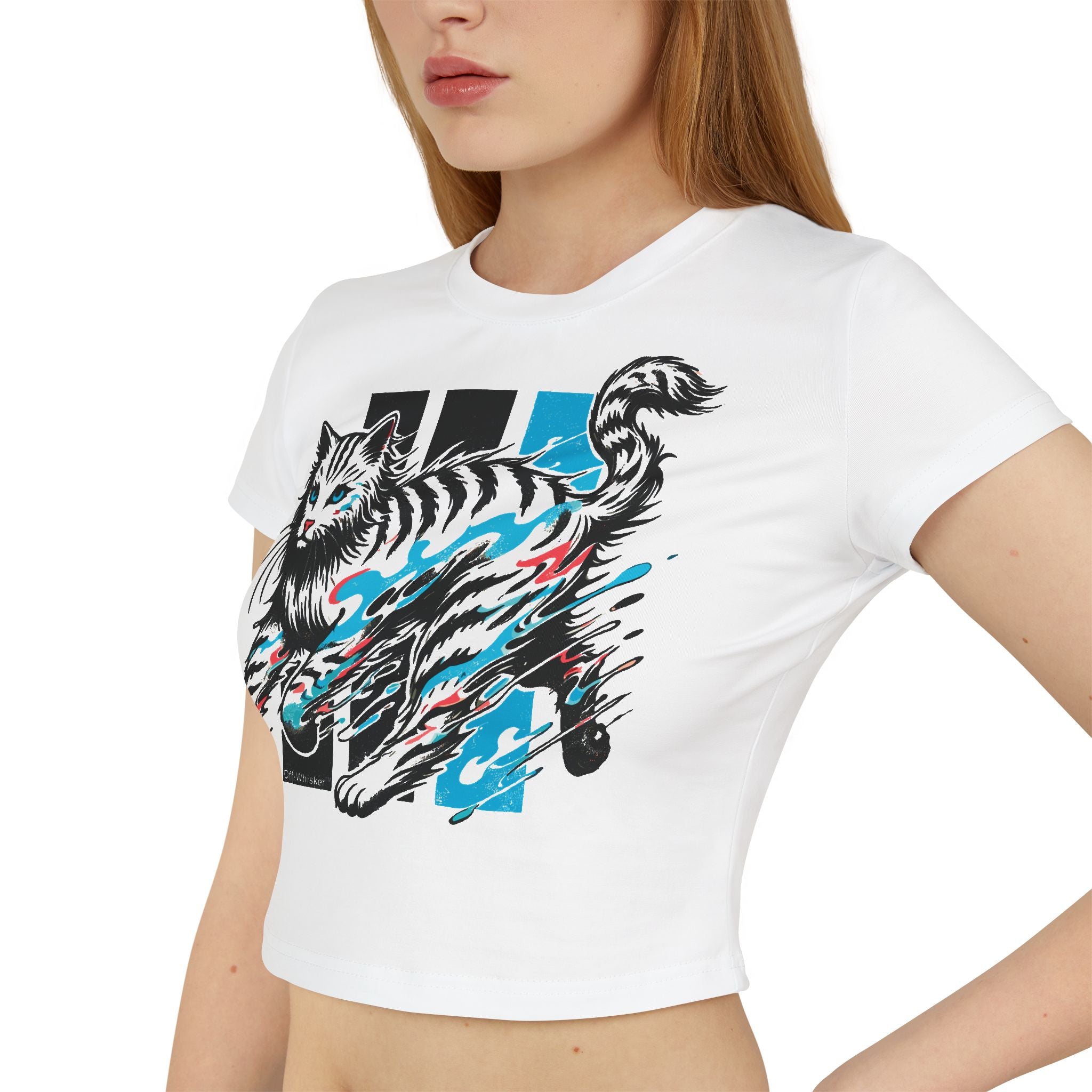Close up side model pose in Off-Whisker Yokai Flame Cat Graphic Women's Baby Tee White, cat shirts womens fit