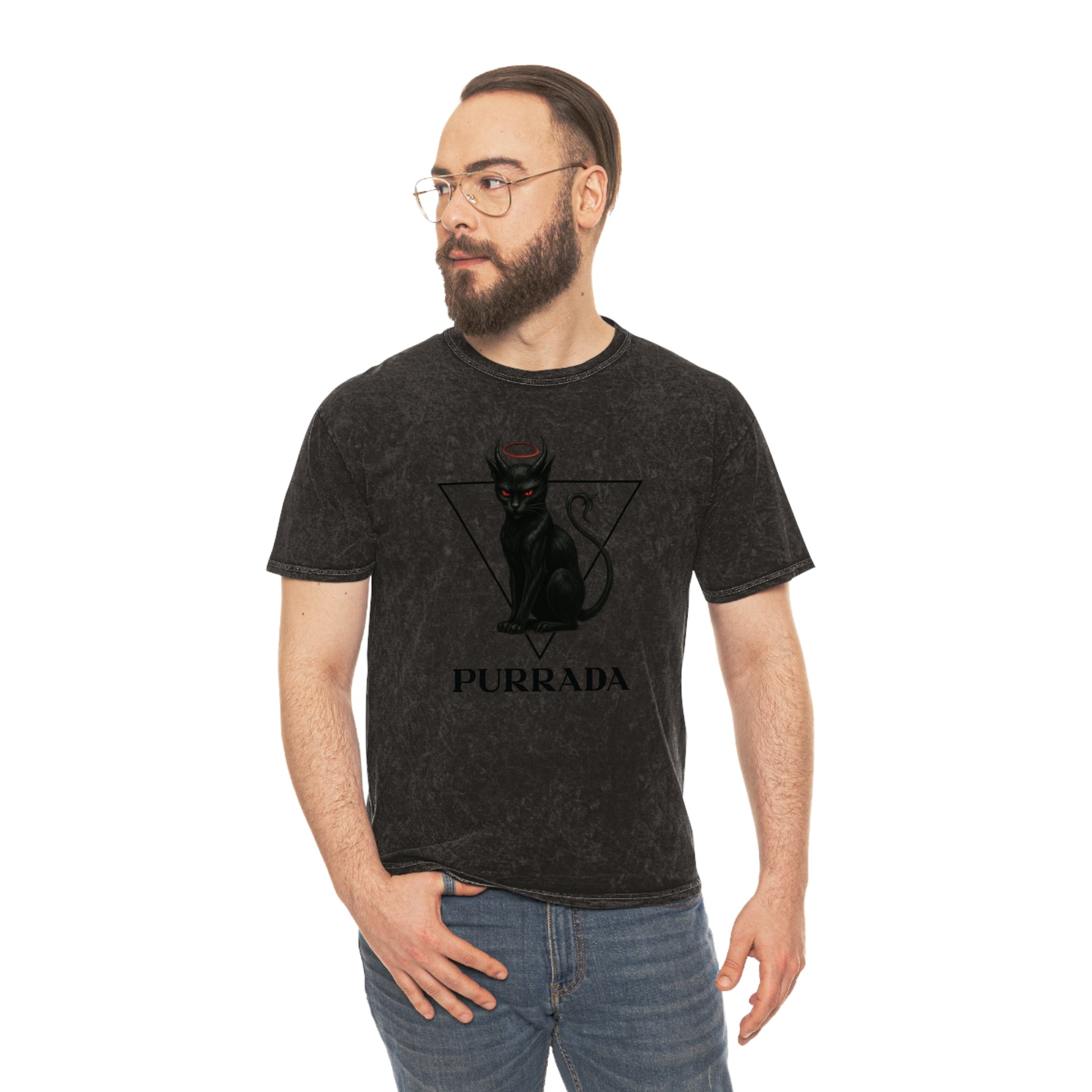 male model wearing mineral wash cat graphic tee, casual cotton shirt with black cat design
