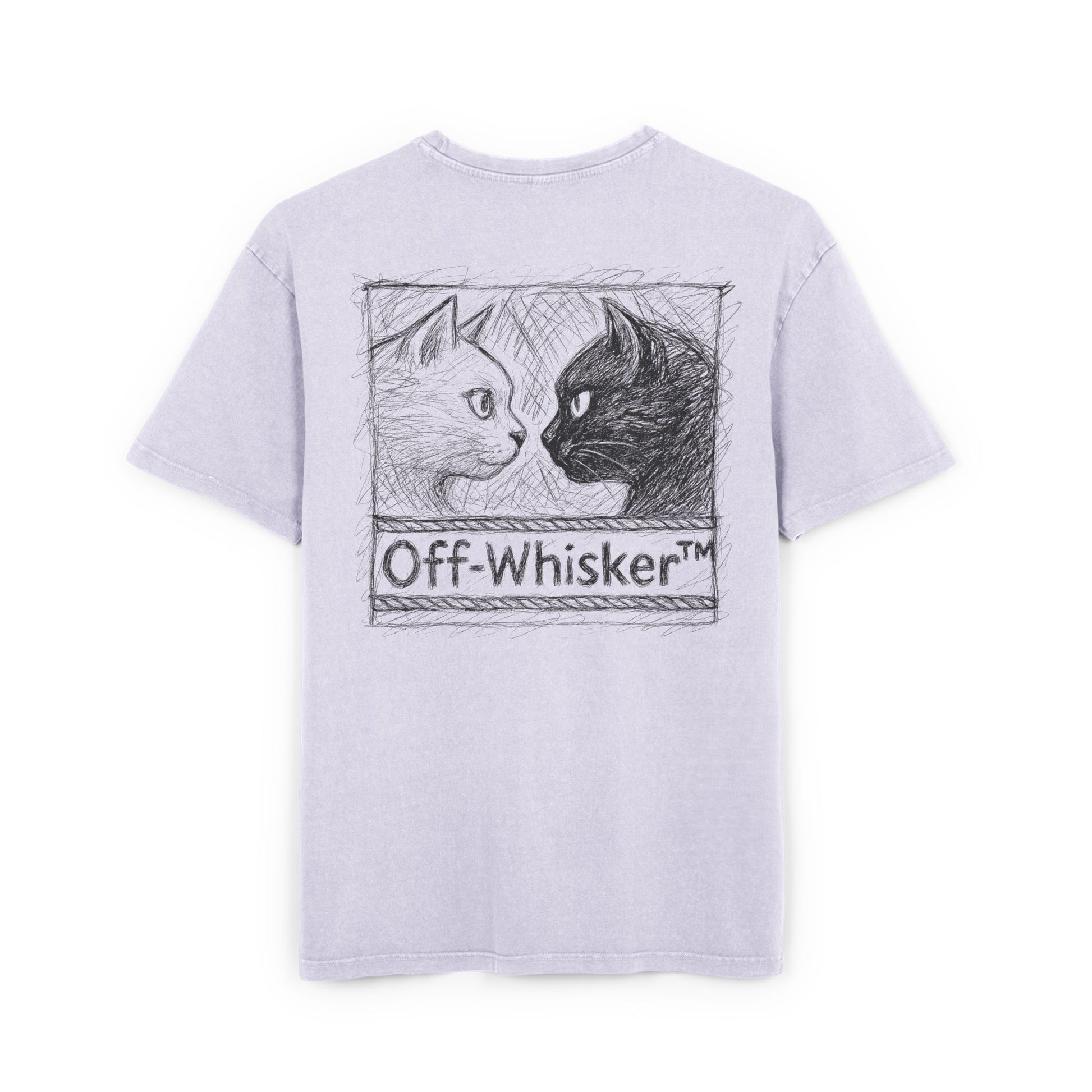 Off-Whisker Cat Knockout Acid Washed Oversized T-Shirt Soft Lilac Purple, back view with cat sketch fight