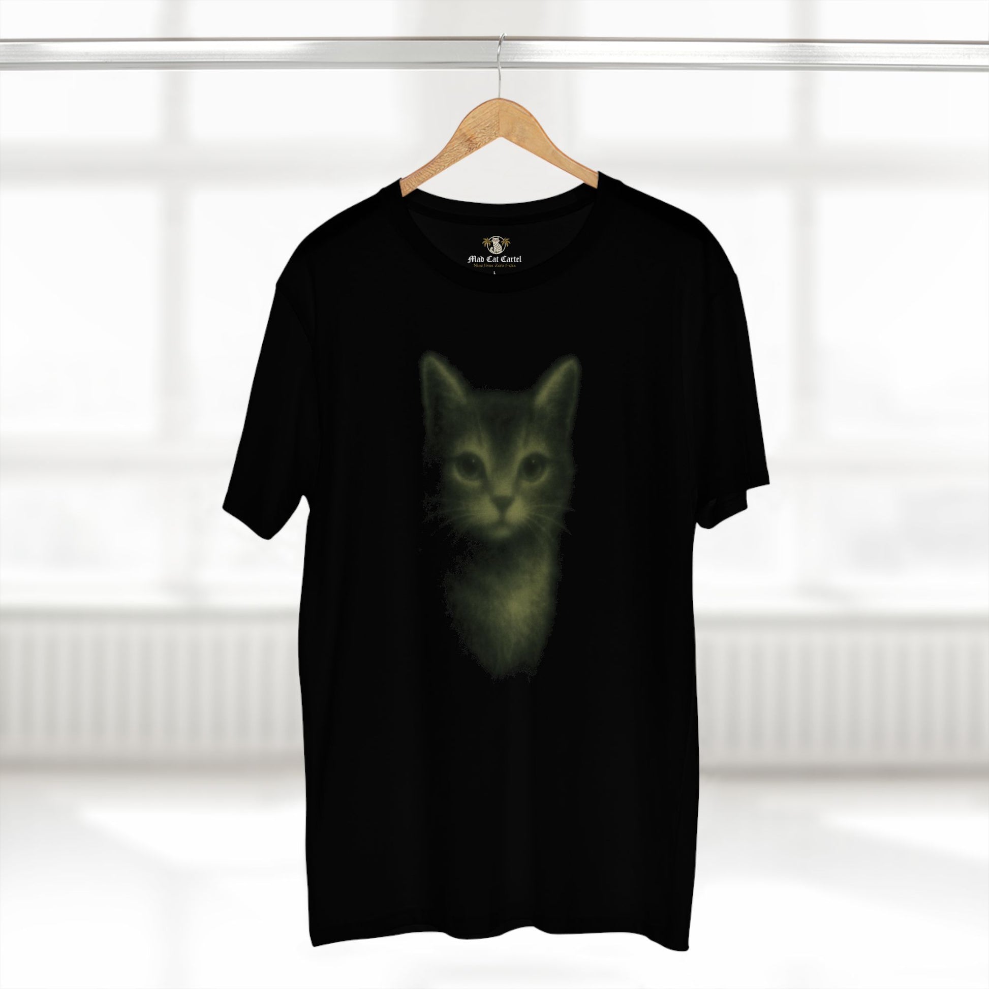 Funny cat t shirts womens black tee with glowing kitten on hanger front display