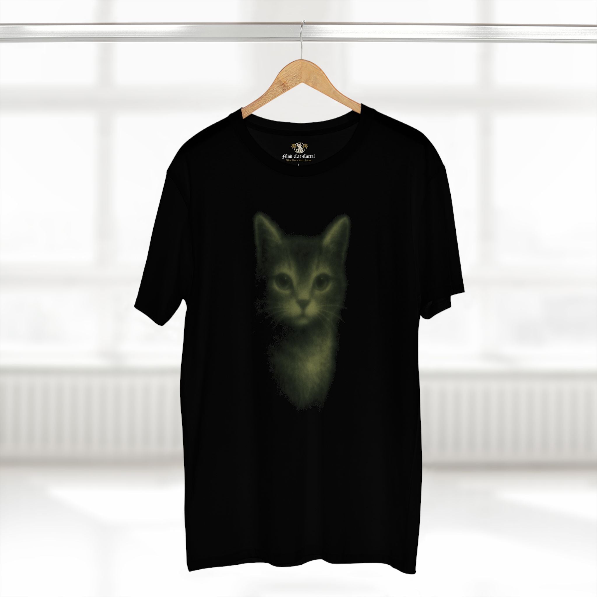 Funny cat t shirts womens black tee with glowing kitten on hanger front display