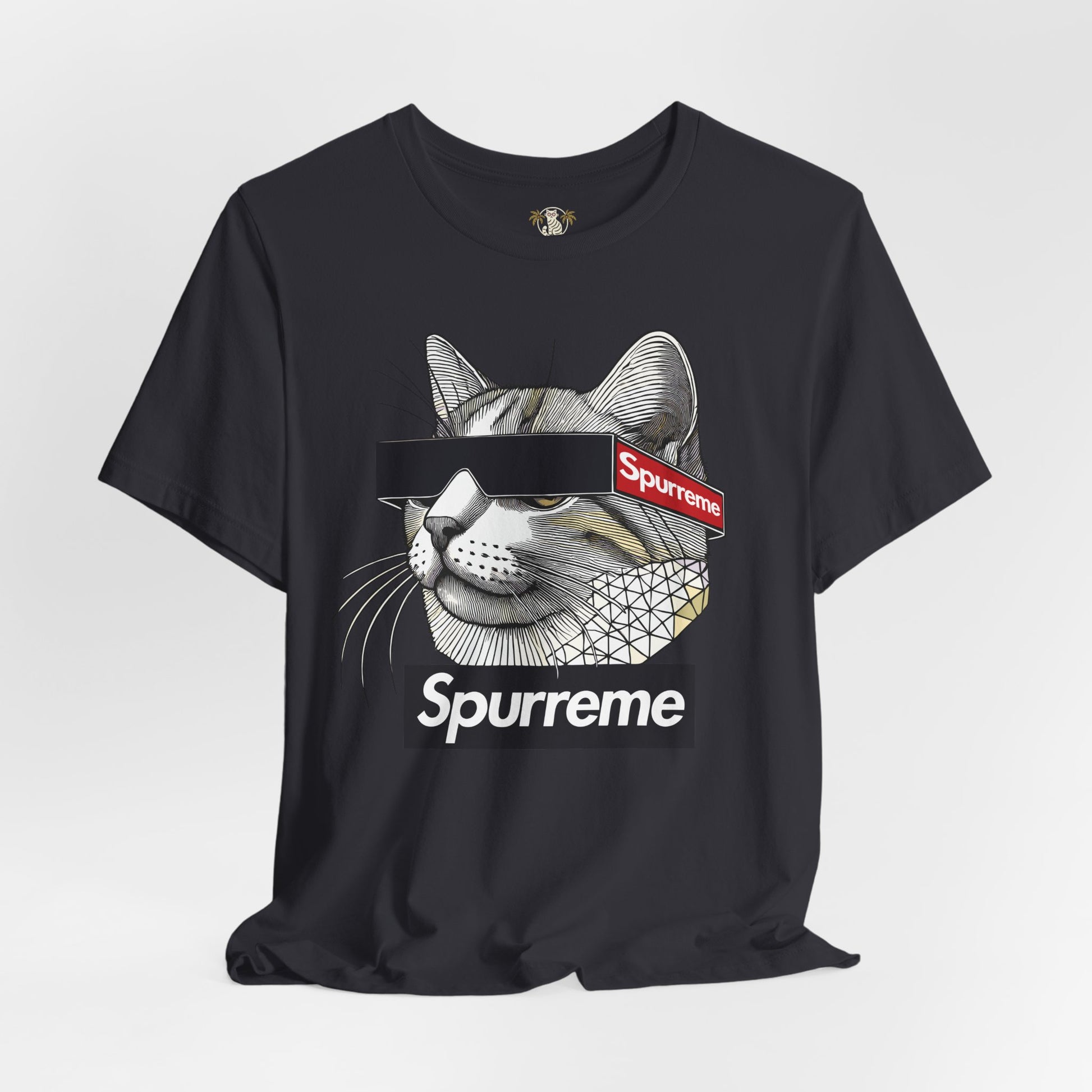 Spurreme Triangular Vision Cat Graphic T Shirt in Dark Grey flat lay, cat mens t shirt