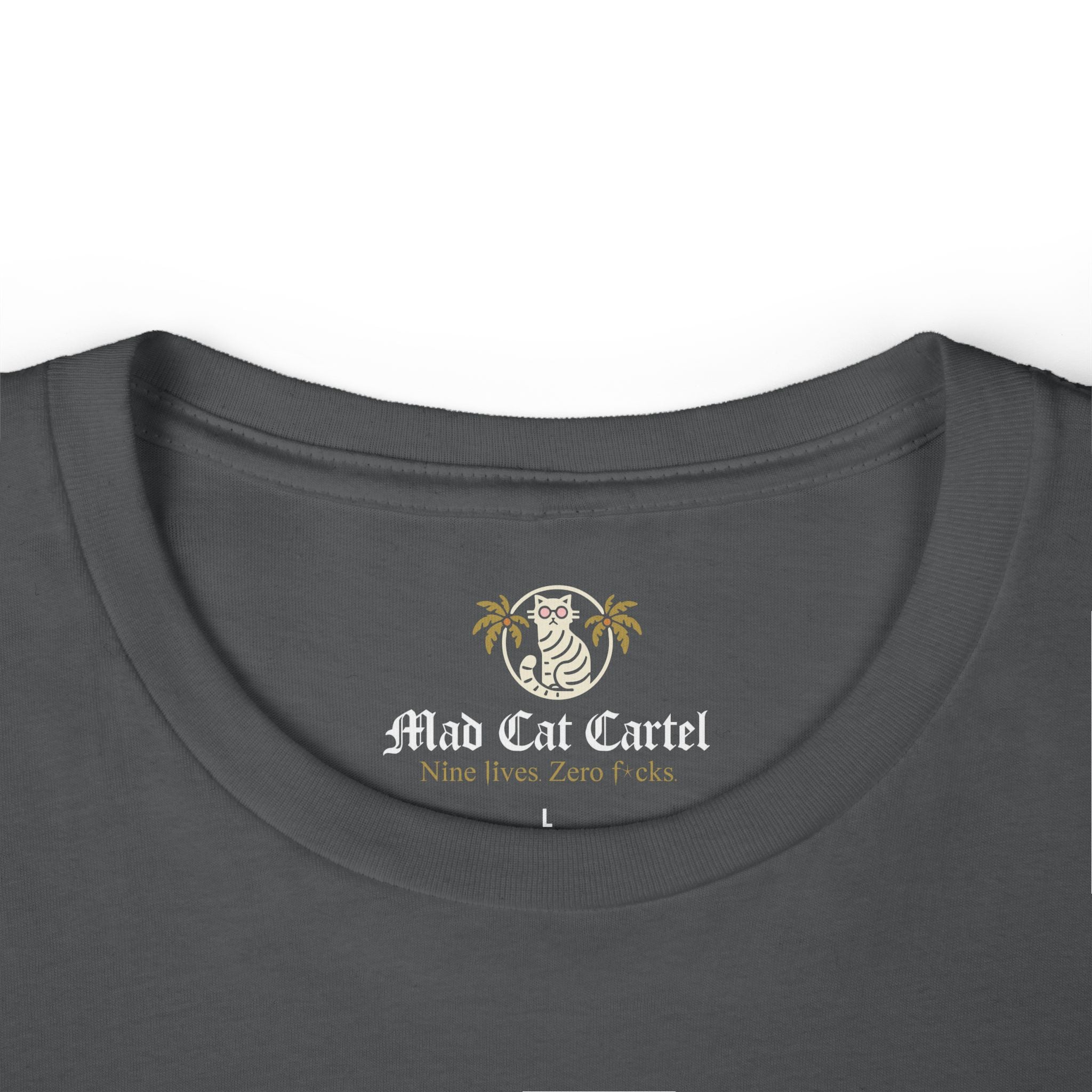 Asphalt Gray funny cat apparel folded neckline close-up