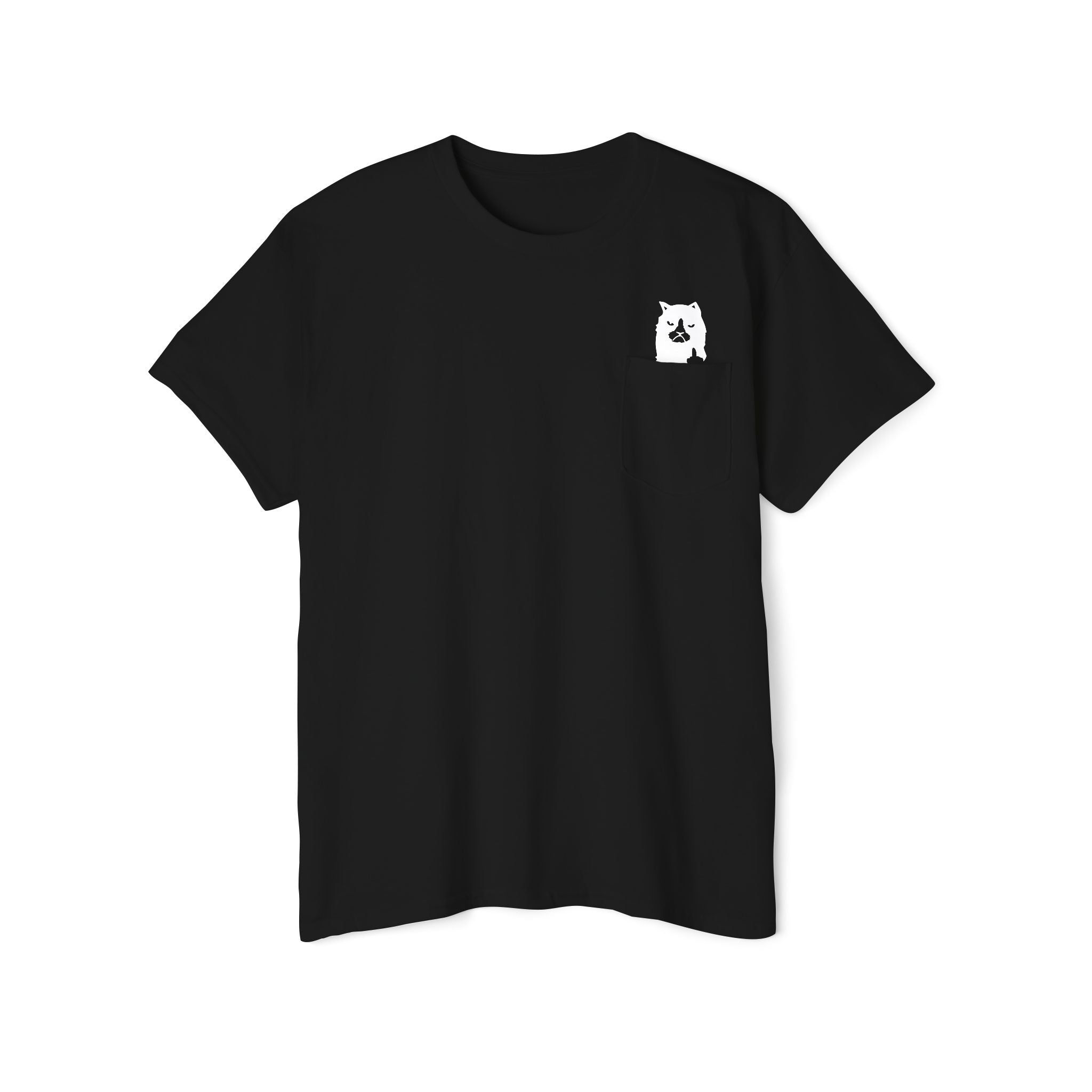 Black A Bathing Cat Mini Logo Pocket Graphic T-Shirt flat front view cat pocket tee shirt