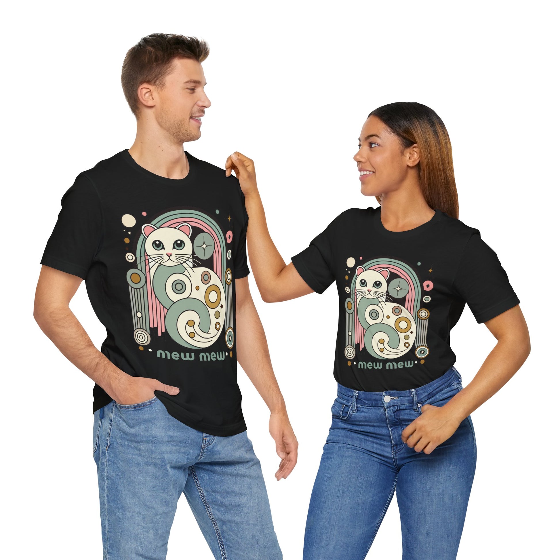 Couple wearing – Black Mew Mew Cosmic Graphic Retro Cat T-Shirt – cat shirts for women