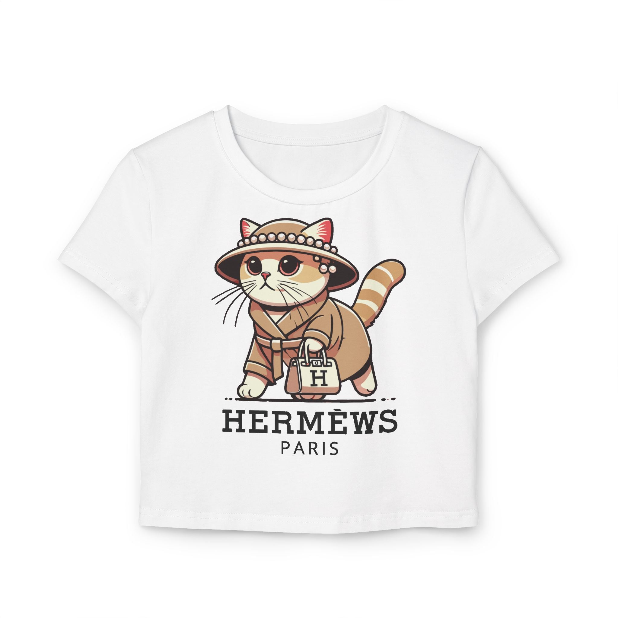 Hermèws Paris Chic Cat Graphic Women’s White Baby Tee flat lay front view