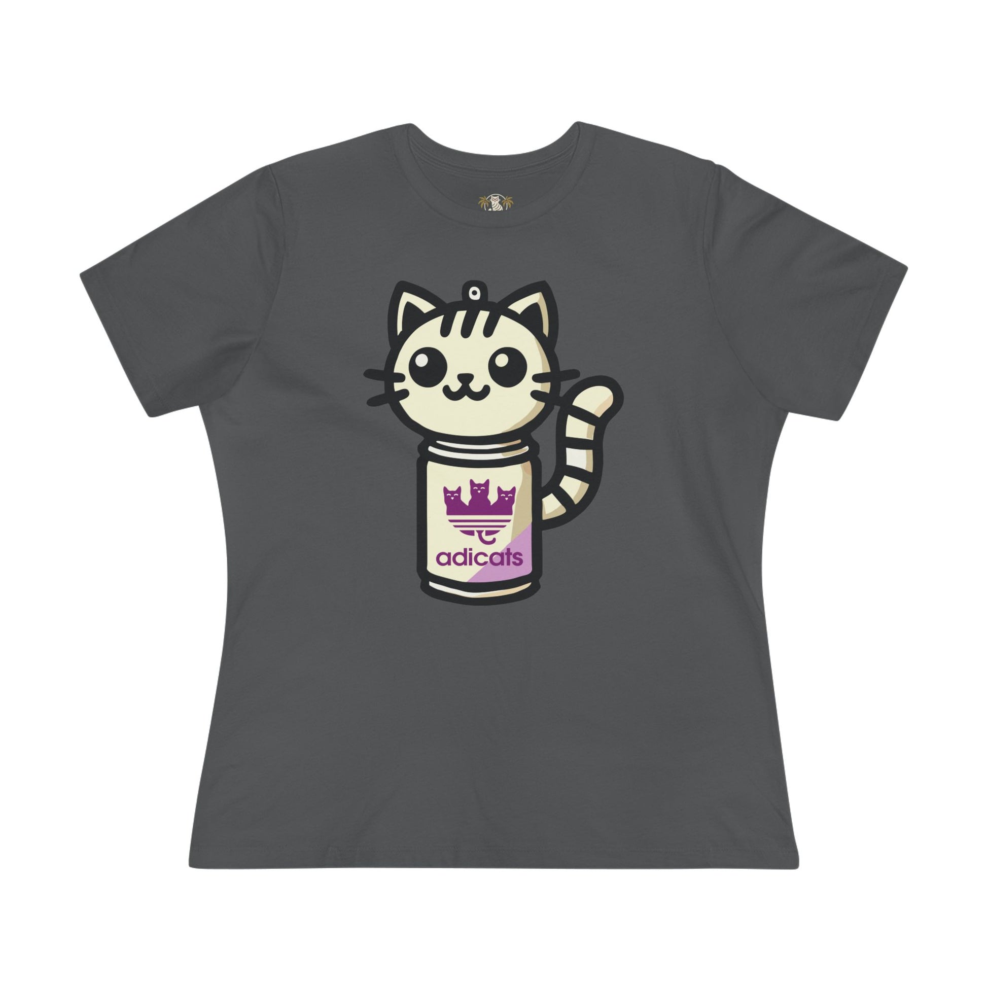 Asphalt Gray Adicats Spray Kitty Women’s Graphic Funny T Shirt flat lay front