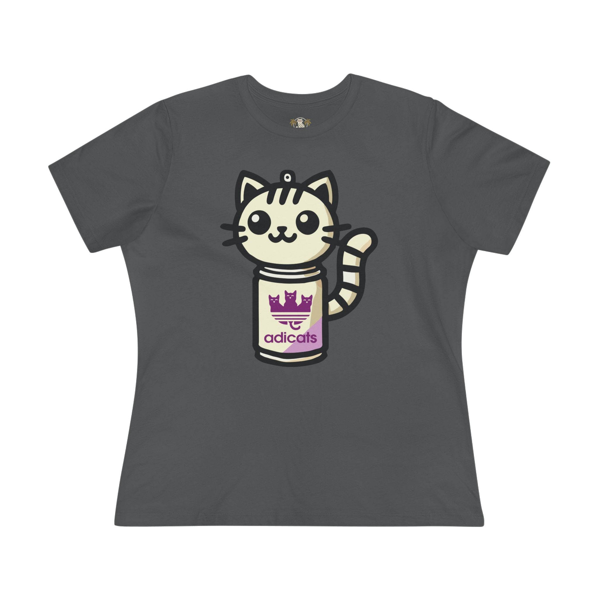 Asphalt Gray Adicats Spray Kitty Women’s Graphic Funny T Shirt flat lay front