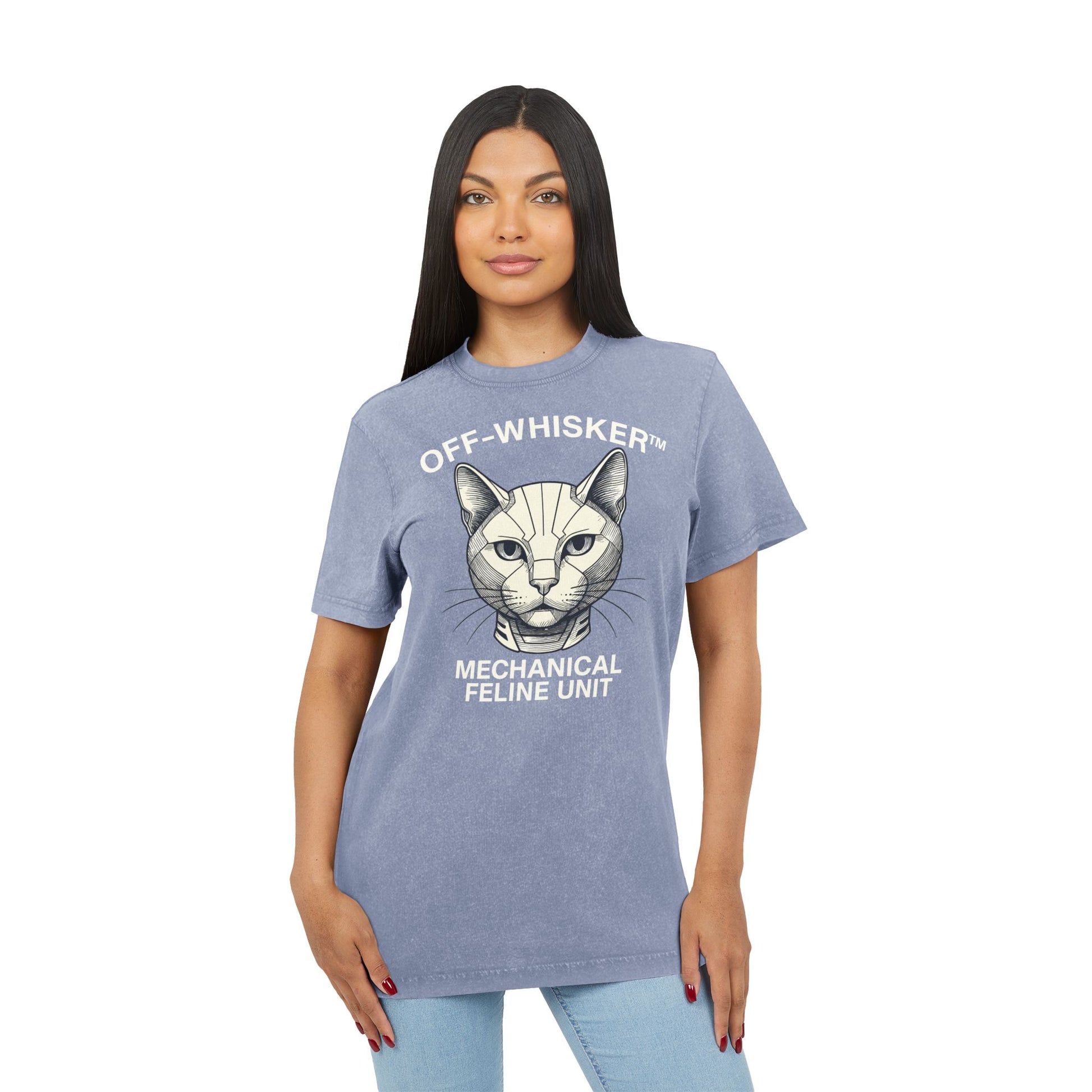 Model wearing Off-Whisker Mechanical Feline Unit Cat Graphic Acid Washed T Shirt, vintage blue cat lady tee