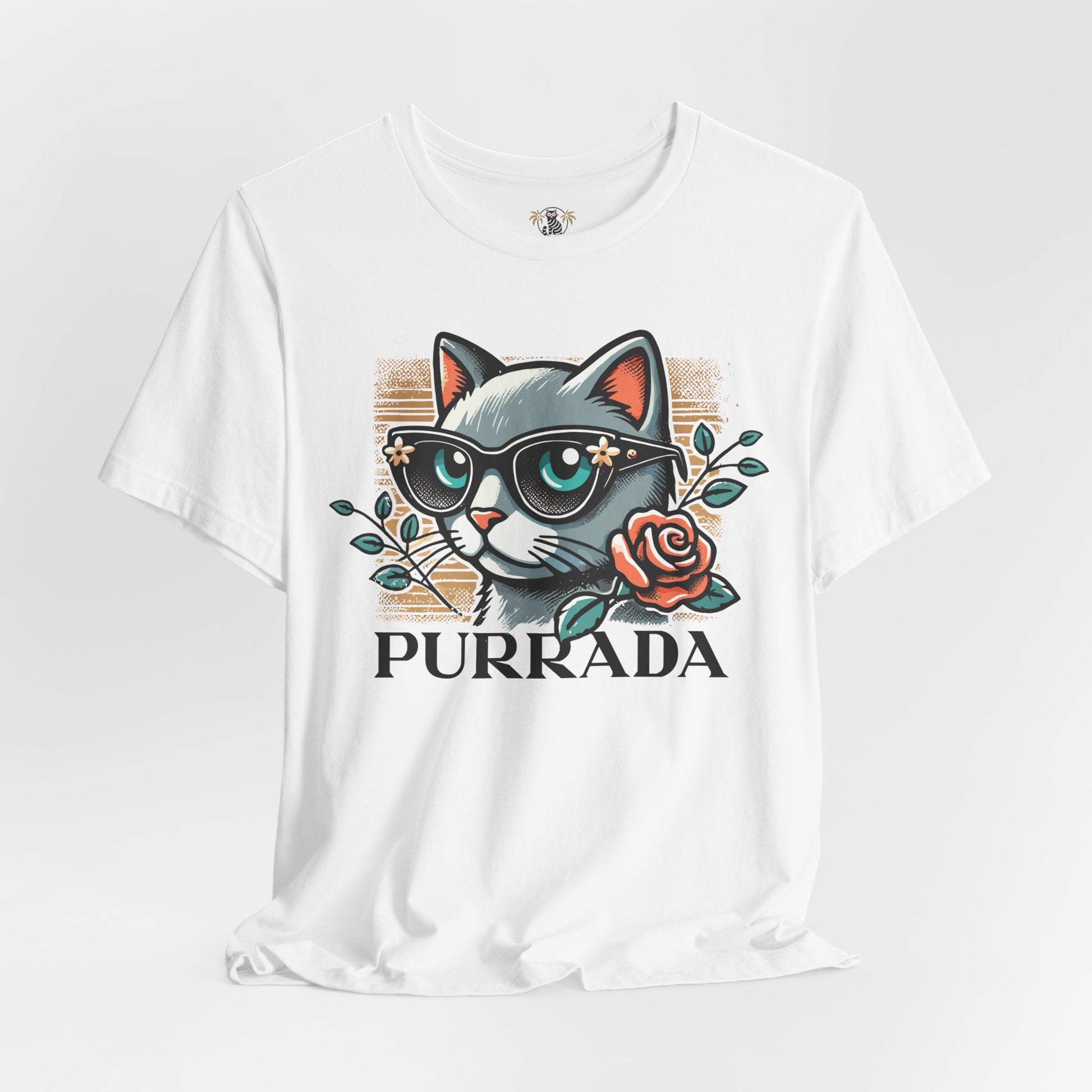 White Purrada Designer Bloom Cat Graphic T Shirt on hanger, funny cat lovers gifts unisex