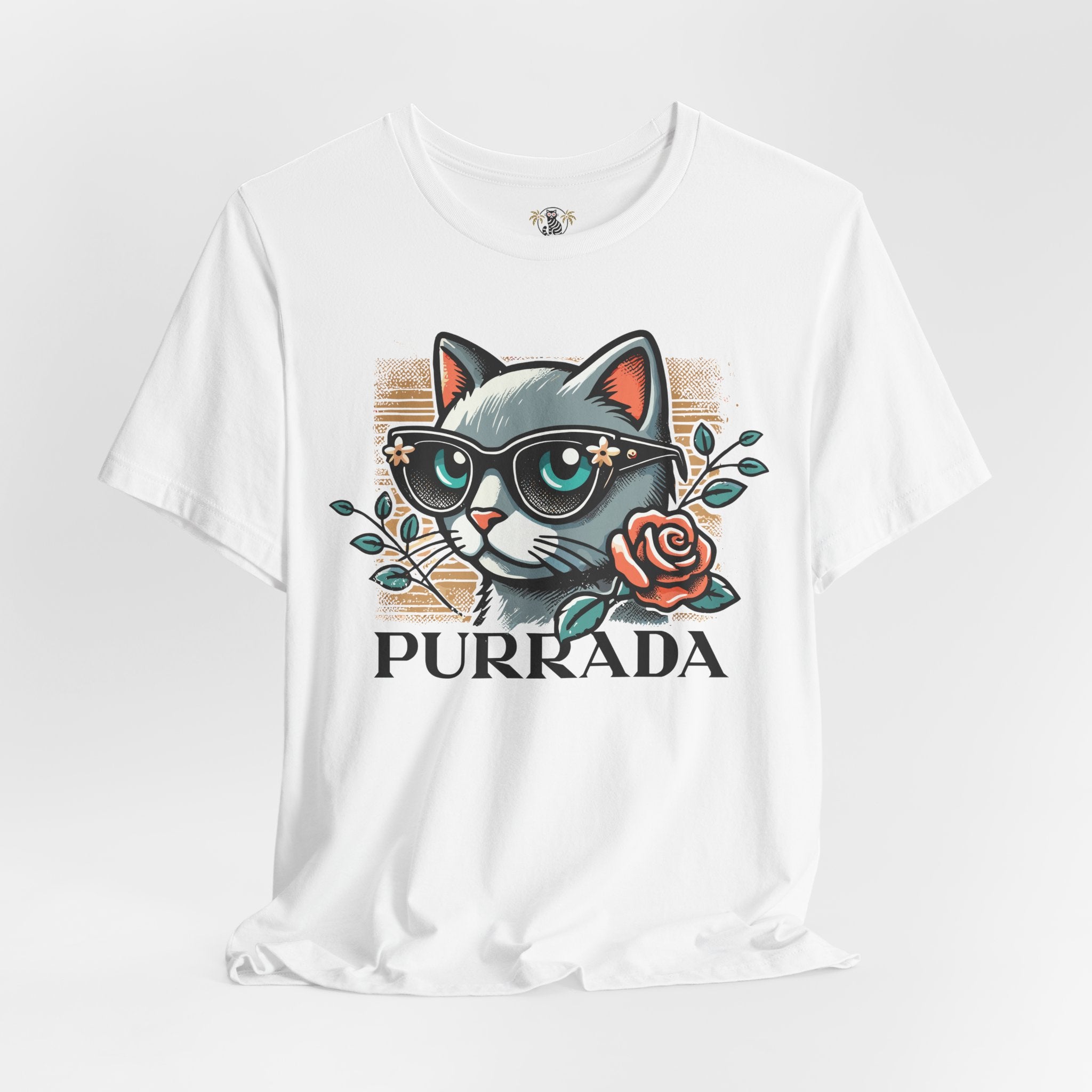 White Purrada Designer Bloom Cat Graphic T Shirt on hanger, funny cat lovers gifts unisex