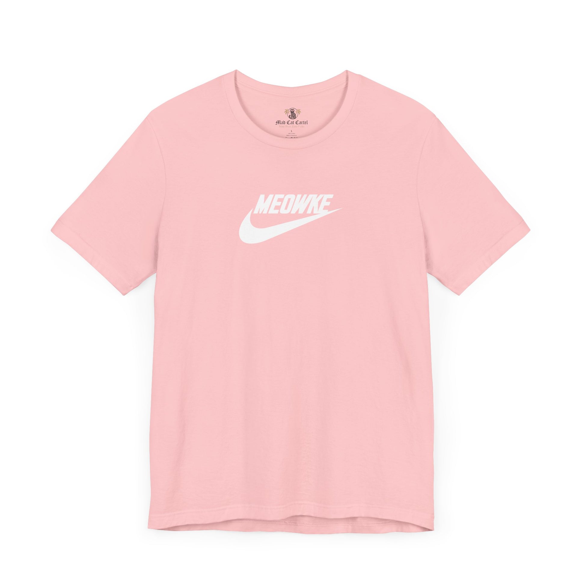 Funny t shirts for men – pink unisex tee, front view, white Meowke chest logo