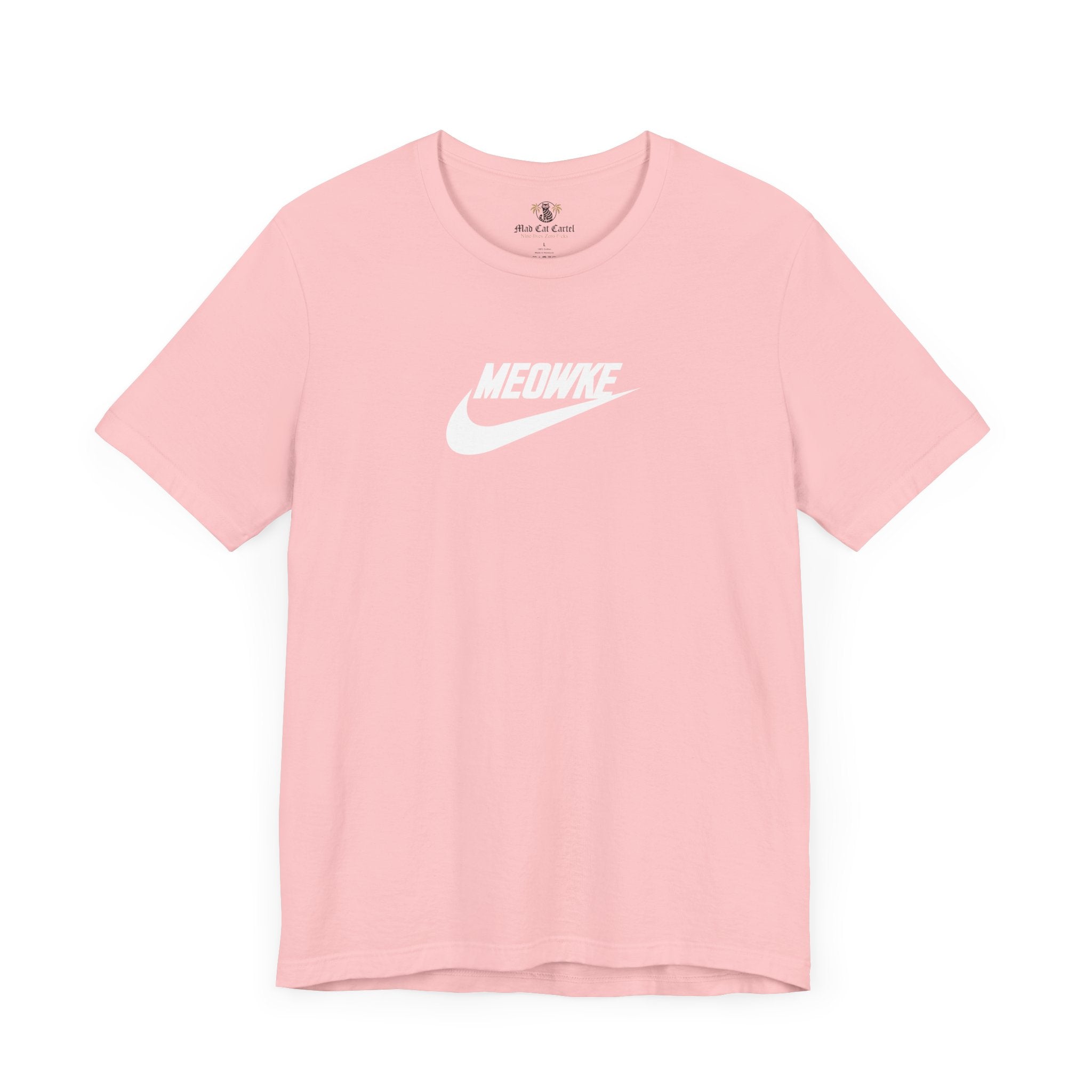 Funny t shirts for men – pink unisex tee, front view, white Meowke chest logo