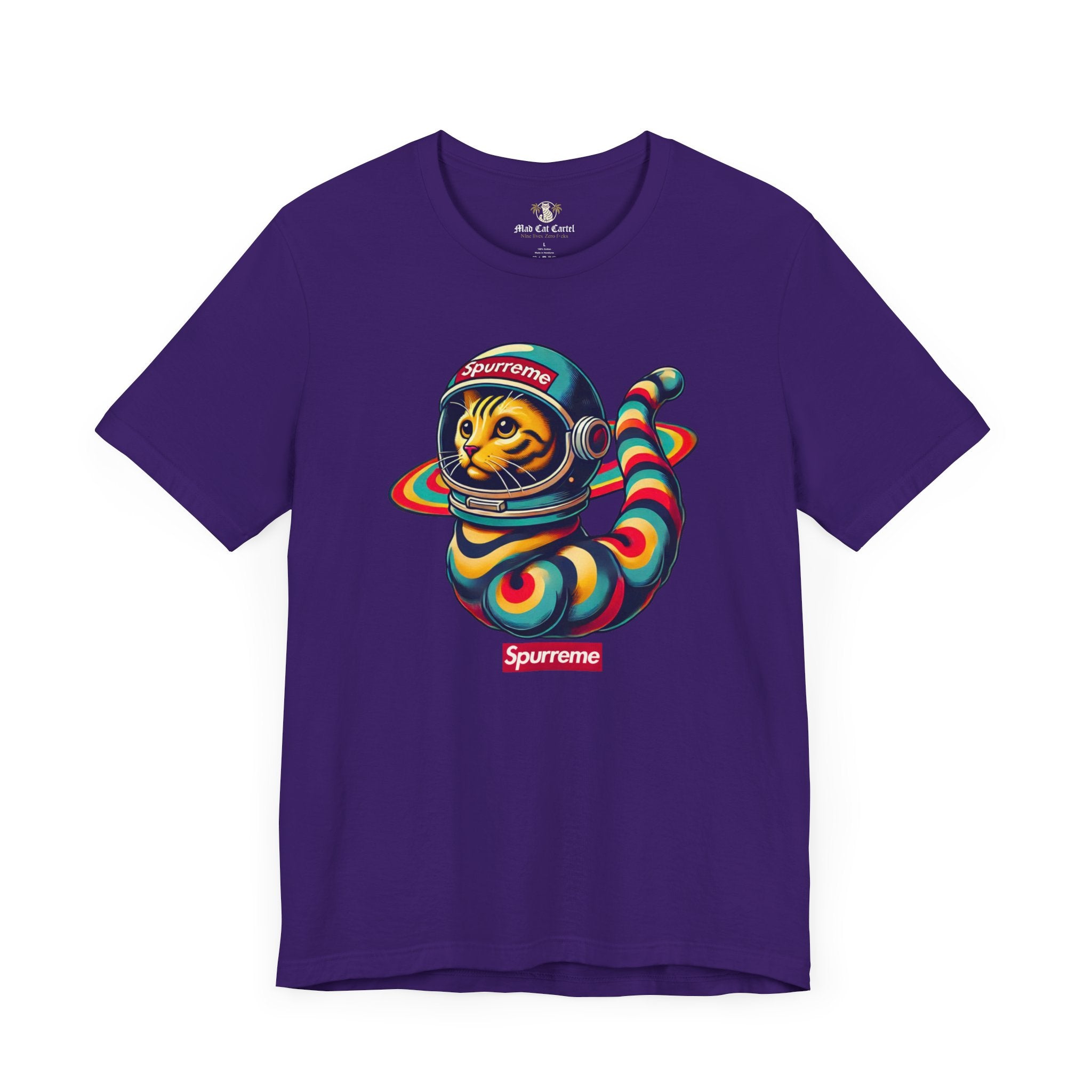 Spurreme Space Explorer Cat Graphic T-Shirt in team purple flat lay, mens funny cat shirts