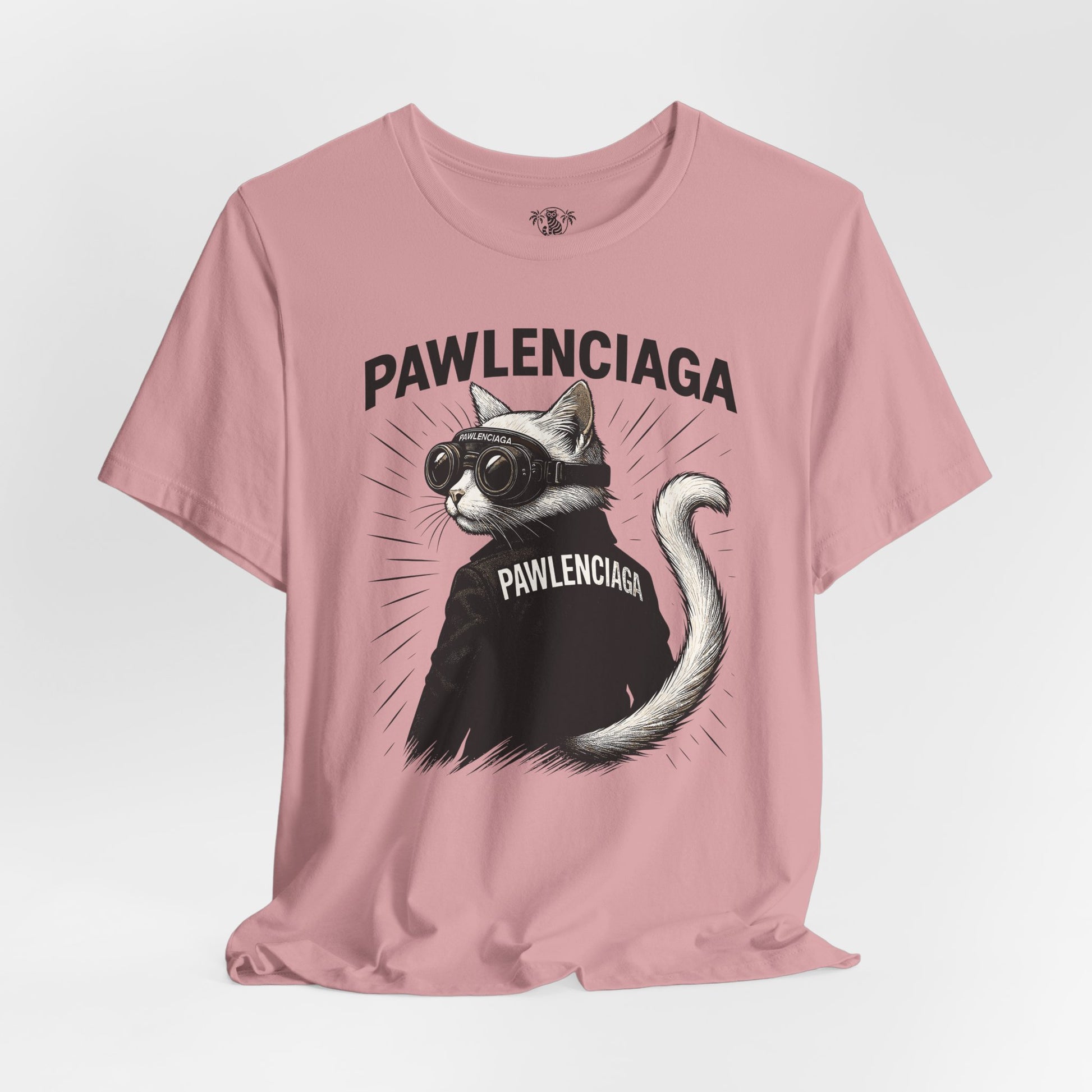 orchid pink Pawlenciaga cat tee, studio front view, tee shirts with cats on them, soft street style