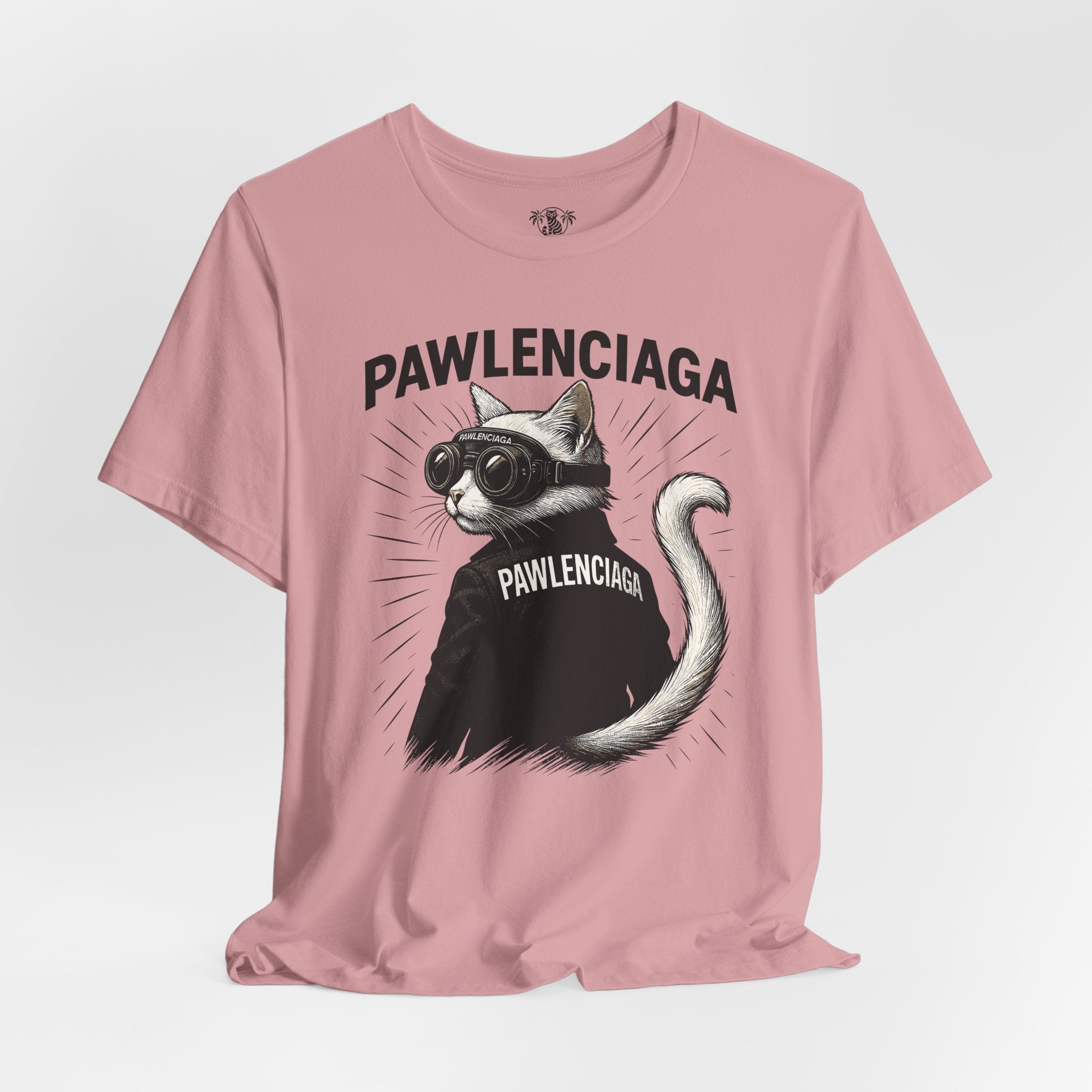 orchid pink Pawlenciaga cat tee, studio front view, tee shirts with cats on them, soft street style