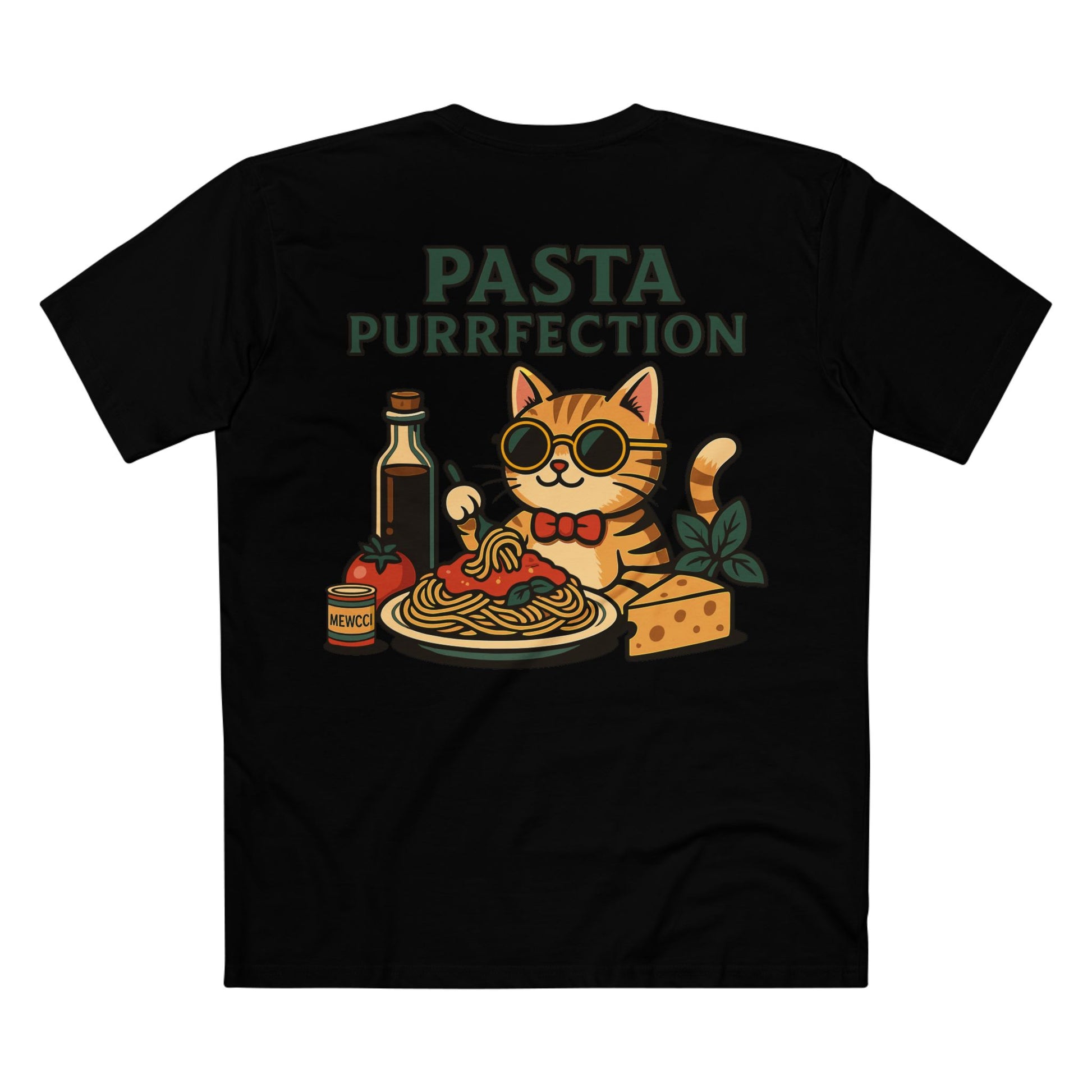 Back design of Mewcci Pasta Chef Cat Graphic T Shirt in Black – Pasta Purrfection