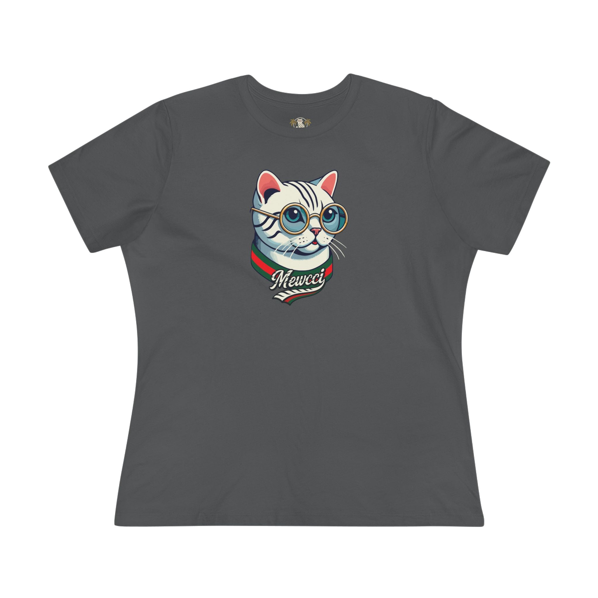 Mewcci Cat Icon Graphic Women's T-Shirt, asphalt gray cats shirts front view