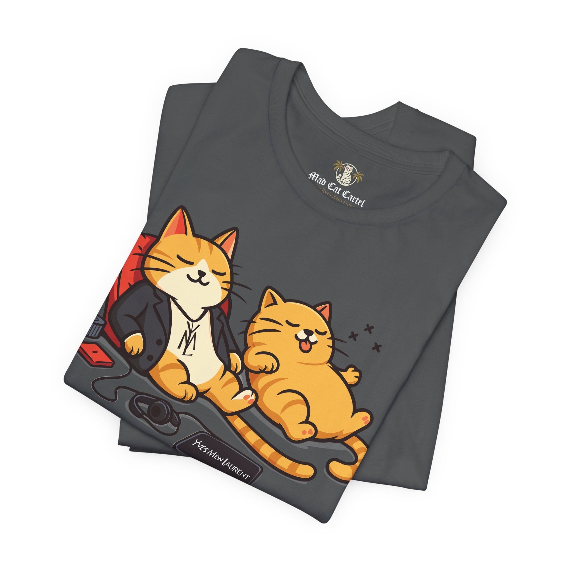 folded gray cats t shirt, fun graphic detail, casual style