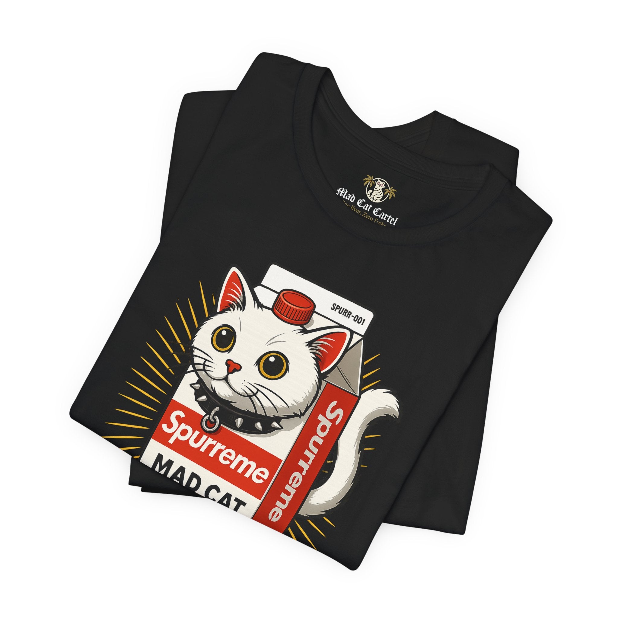 Folded black Spurreme Mad Cat Organic Milk t shirt front view – cat lover shirts