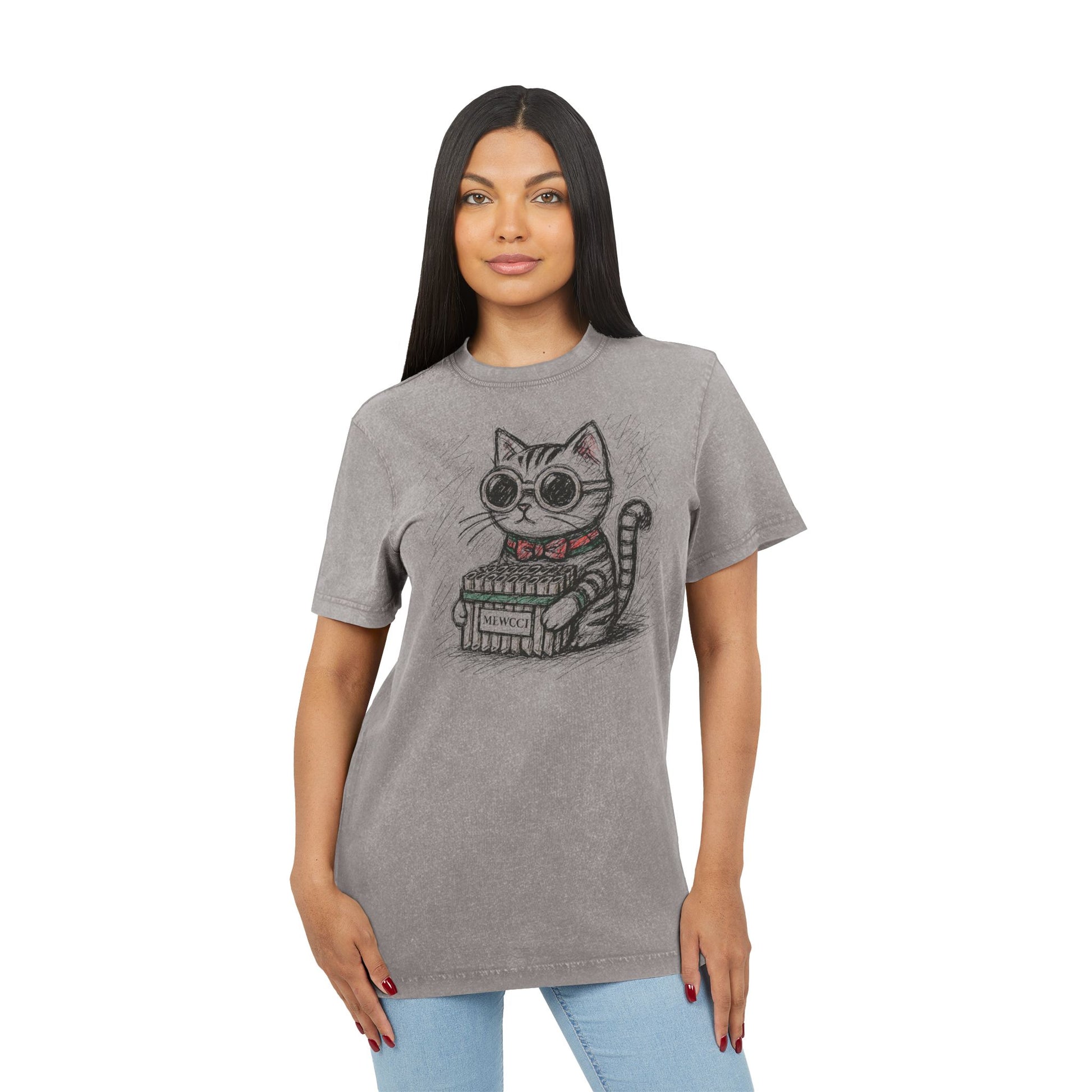 Woman wearing tee with cat on a shirt, asphalt gray acid washed cat themed shirts