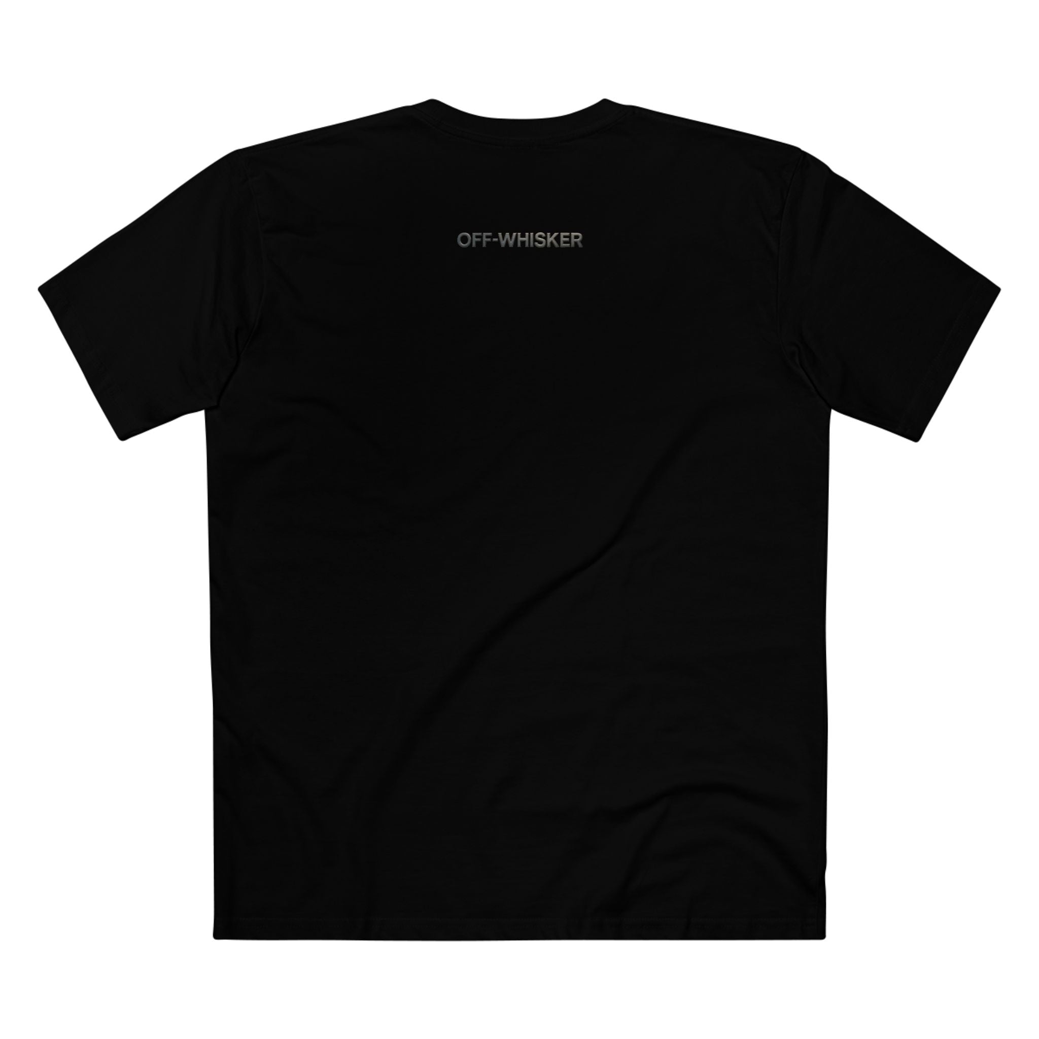 back view, black cat themed clothing with Off-Whisker logo text