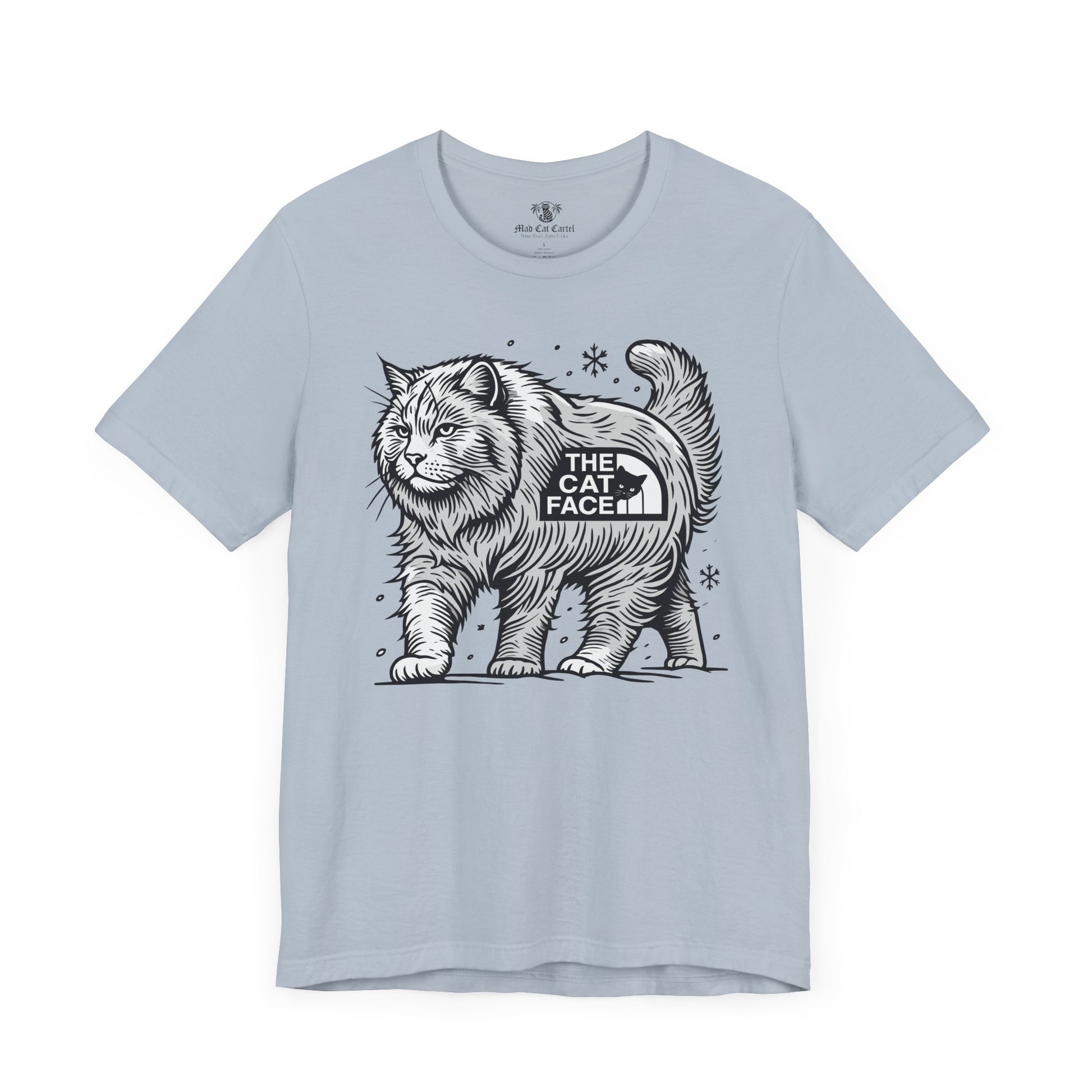 Light blue Snow Explorer cat shirt flat with graphic print – tee shirts with cats