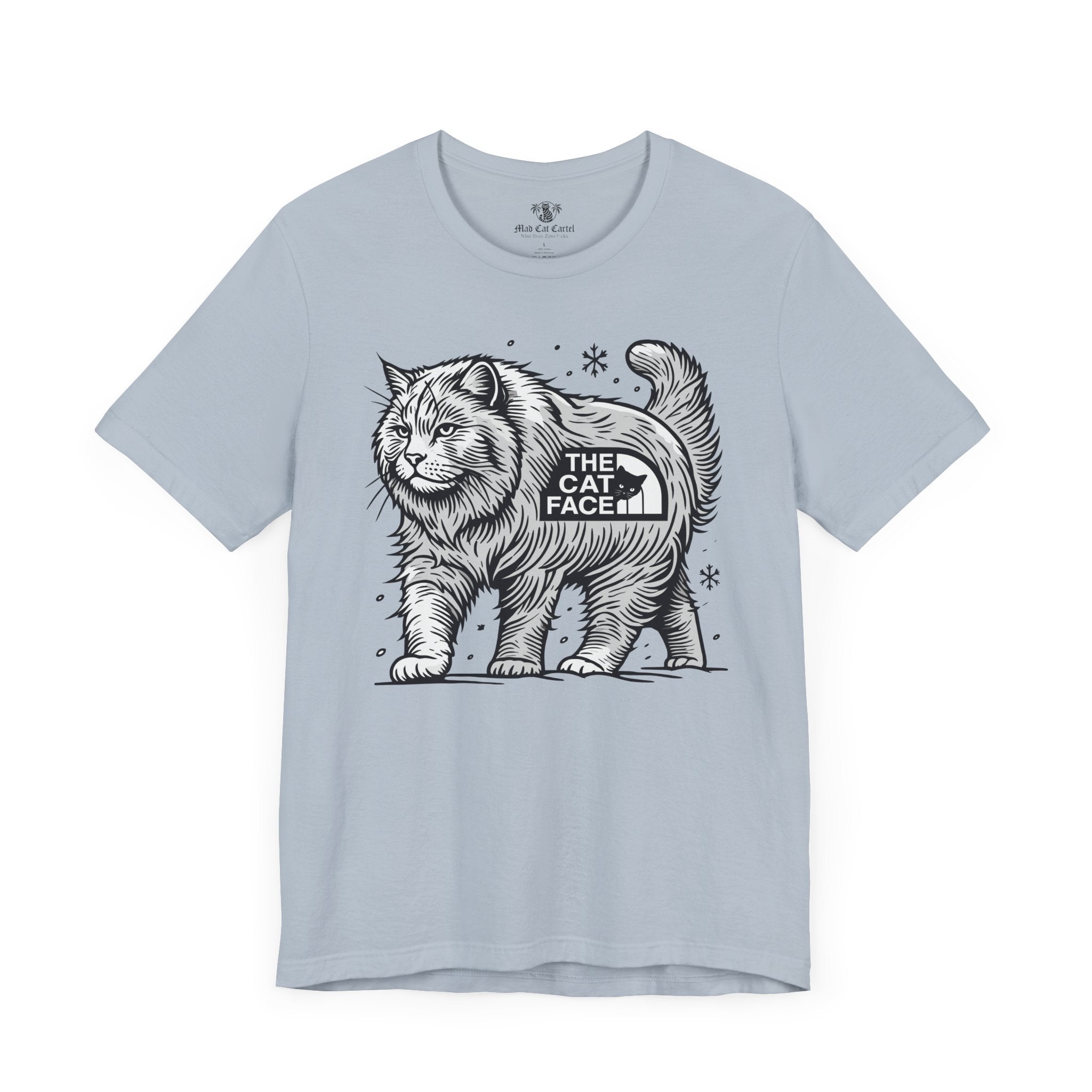 Light blue Snow Explorer cat shirt flat with graphic print – tee shirts with cats