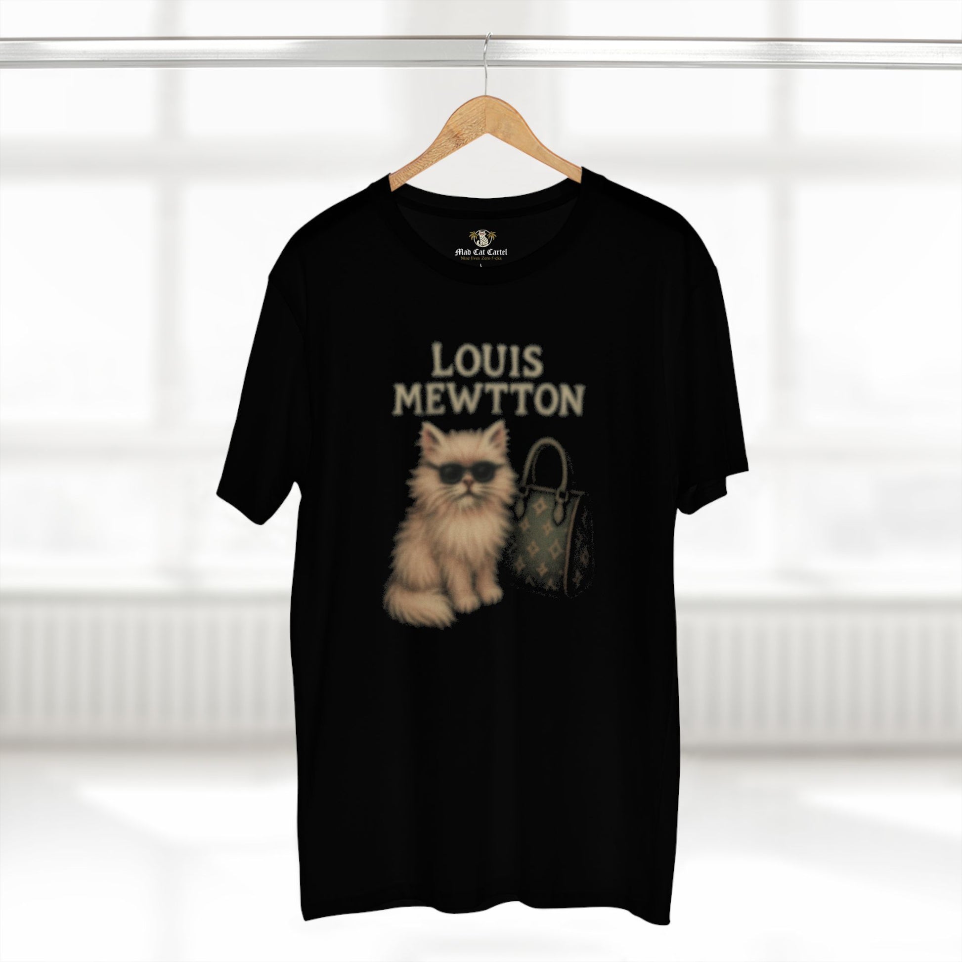 Louis Mewtton cat on a shirt  Black tee hanging front view