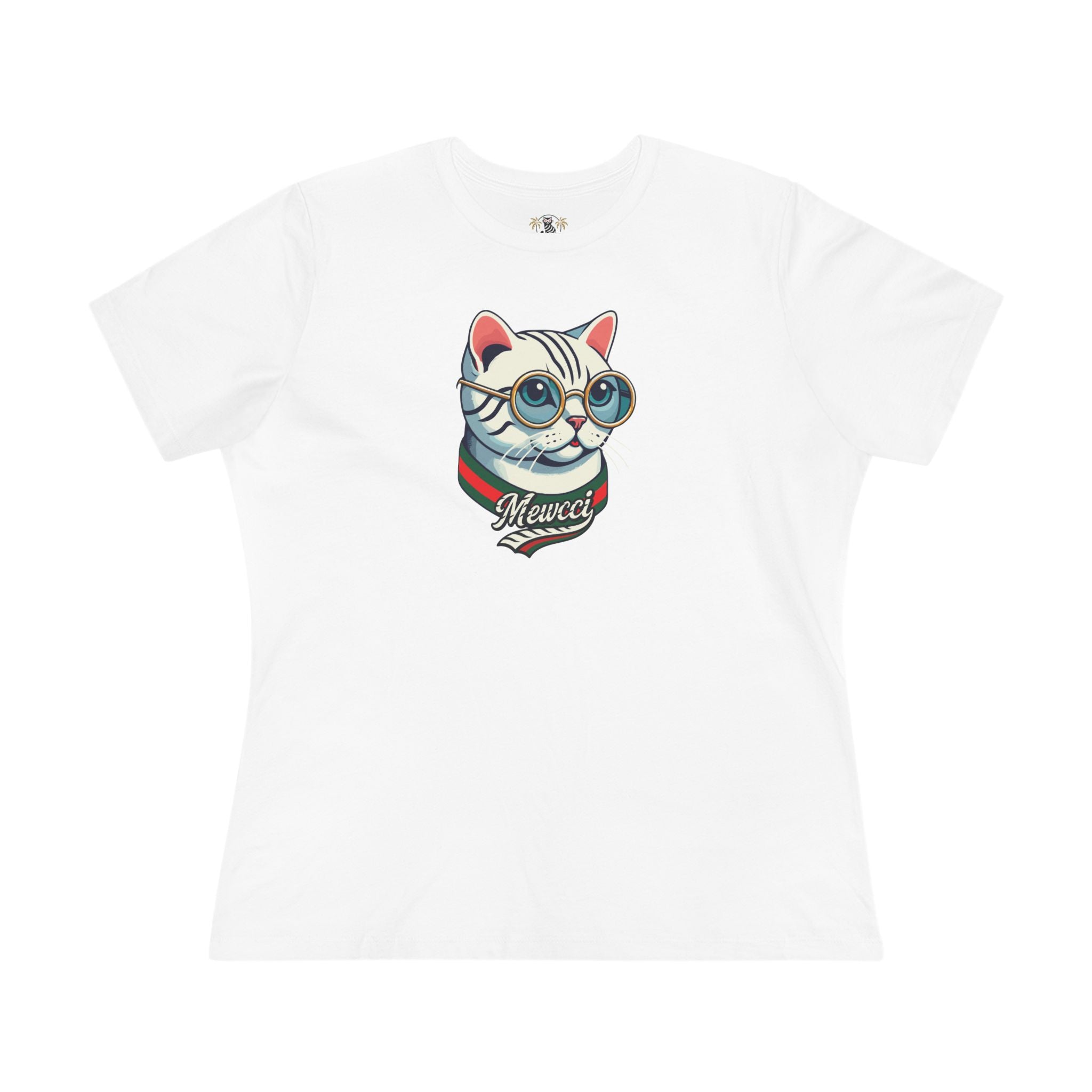 Mewcci Cat Icon Graphic Women's T Shirt, white cat themed shirts front view