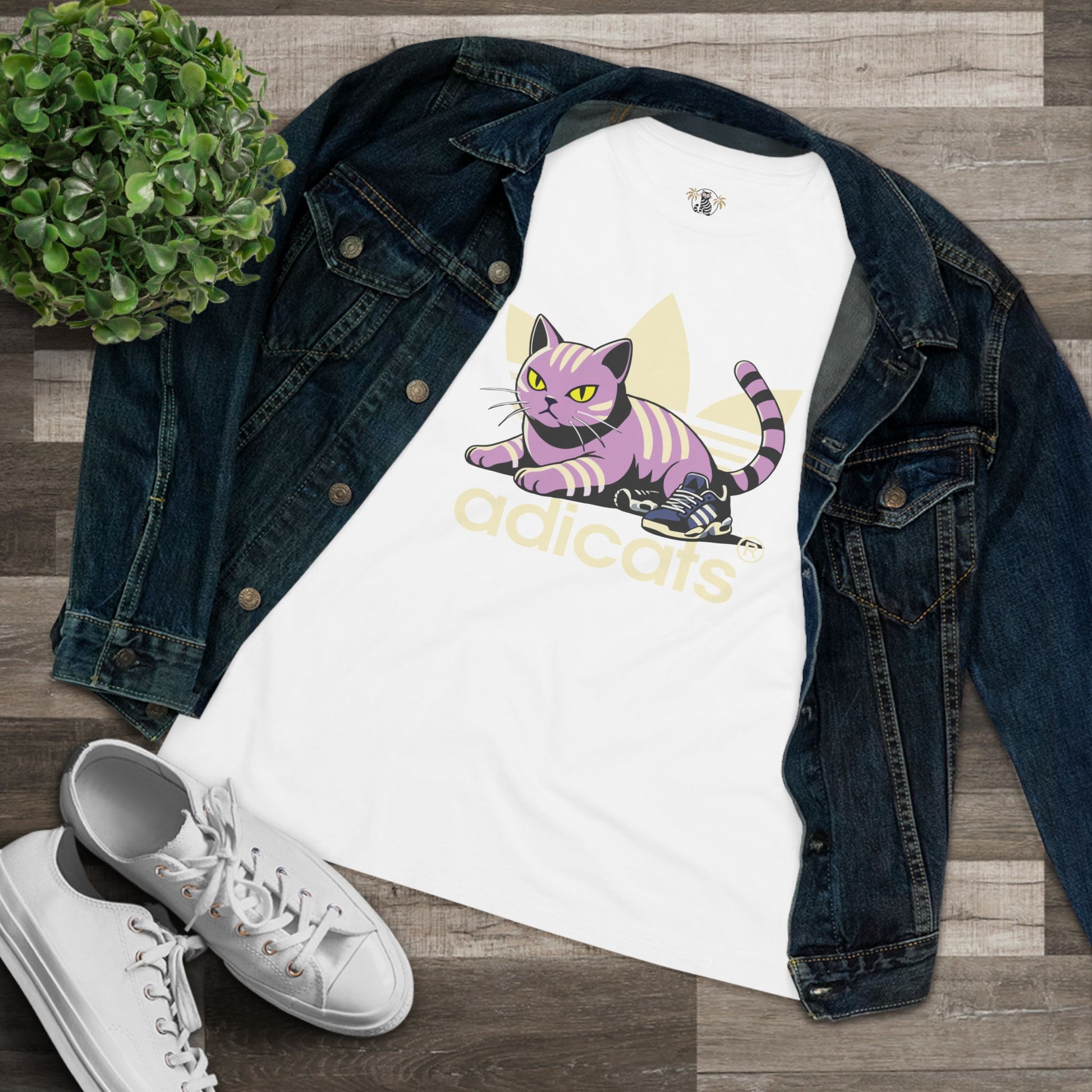 White funny cat shirts for women lifestyle flat lay with denim jacket