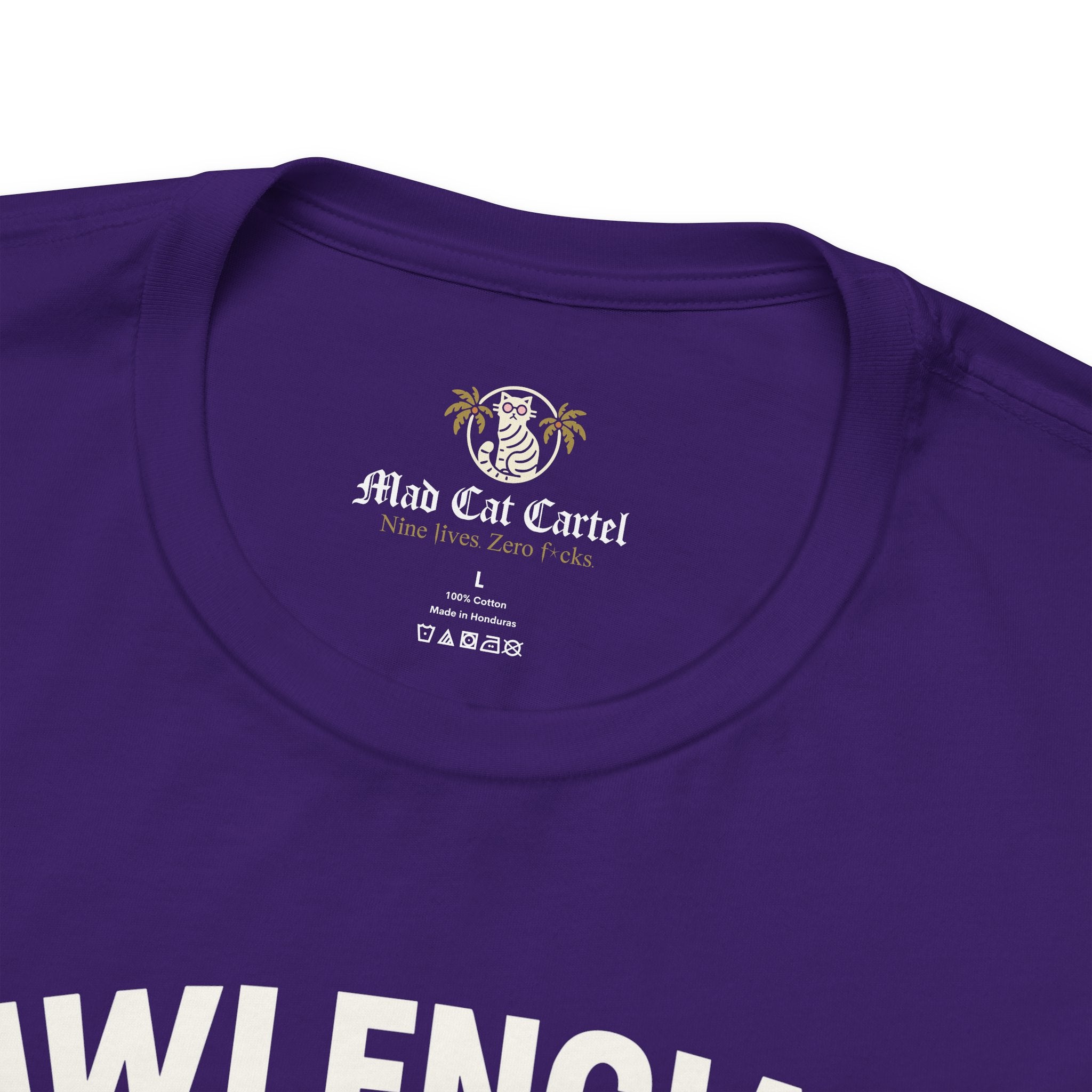 purple Pawlenciaga tee neck label detail, tee for cat lovers