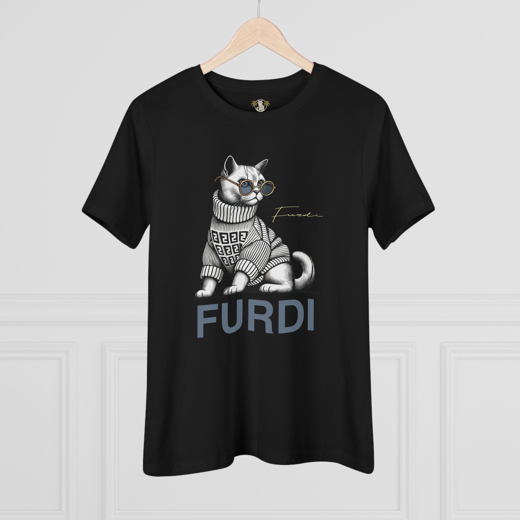 Hanging Furdi turtleneck cat women’s graphic black t shirt front view