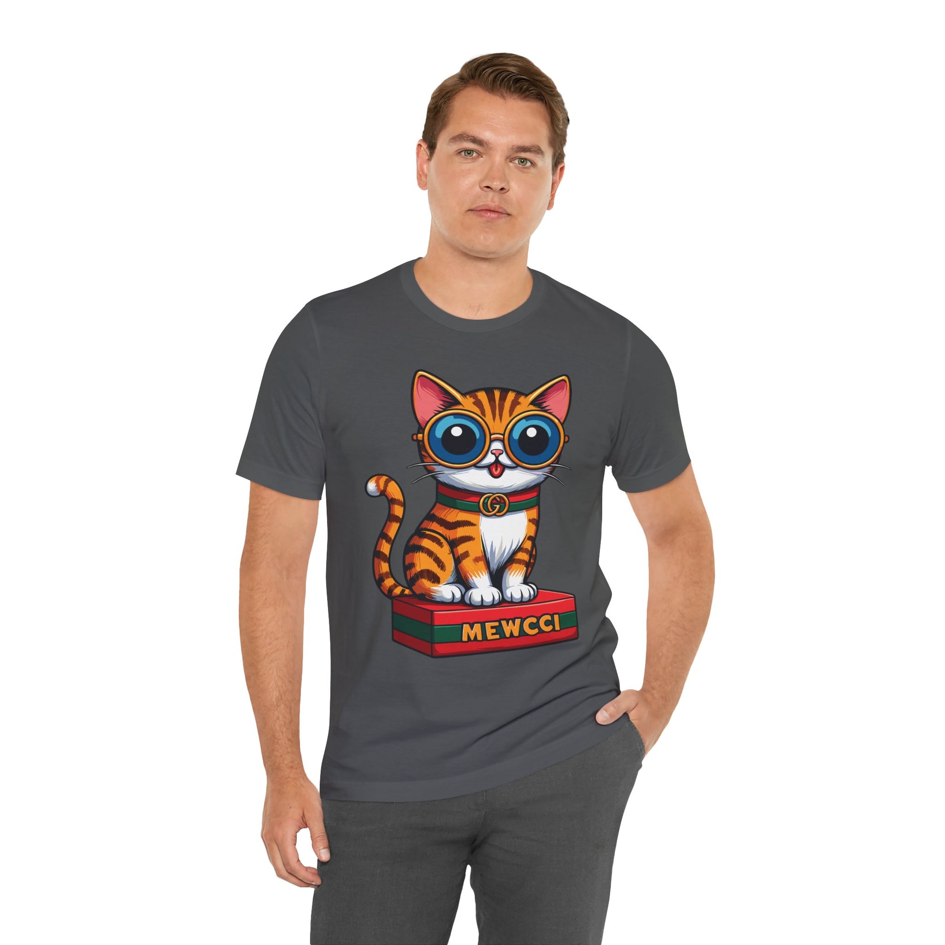 Gray Mewcci Iconic Box Cat Graphic T-Shirt on male model – funny gifts for cat lovers