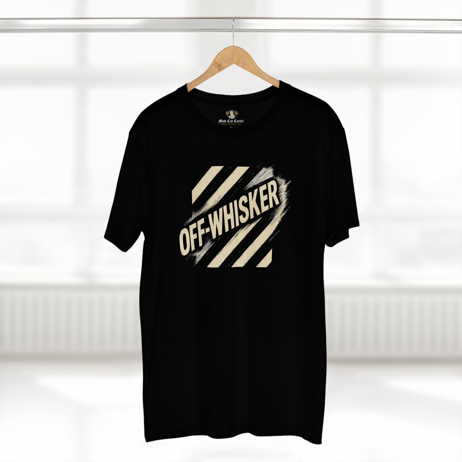 Off-Whisker Jump Mode Cat Graphic Black T Shirt on hanger, unisex black graphic t shirt display