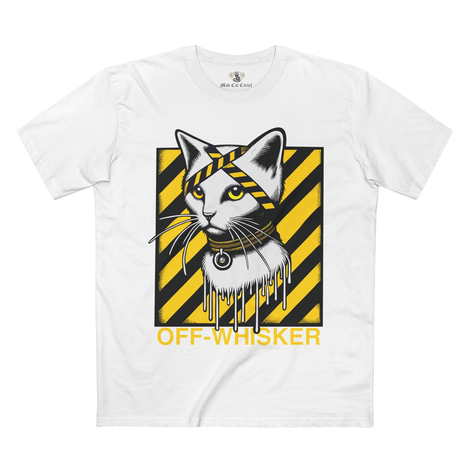 White Off-Whisker Industrial Drip cat lover t shirt – modern cat graphic tee for casual outfits